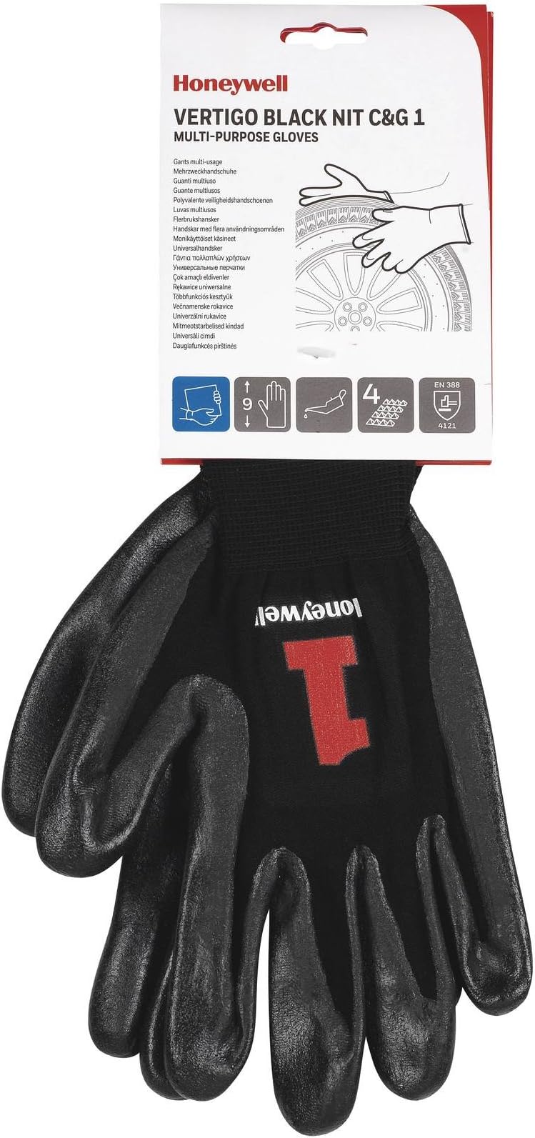 Honeywell2232270-09/SPS PSS Vertigo Black Nit C&G 1 Cut Protection Gloves, Fine handling in greasy environment, EN 388 4121 - Size 9 (1 pair, carded)