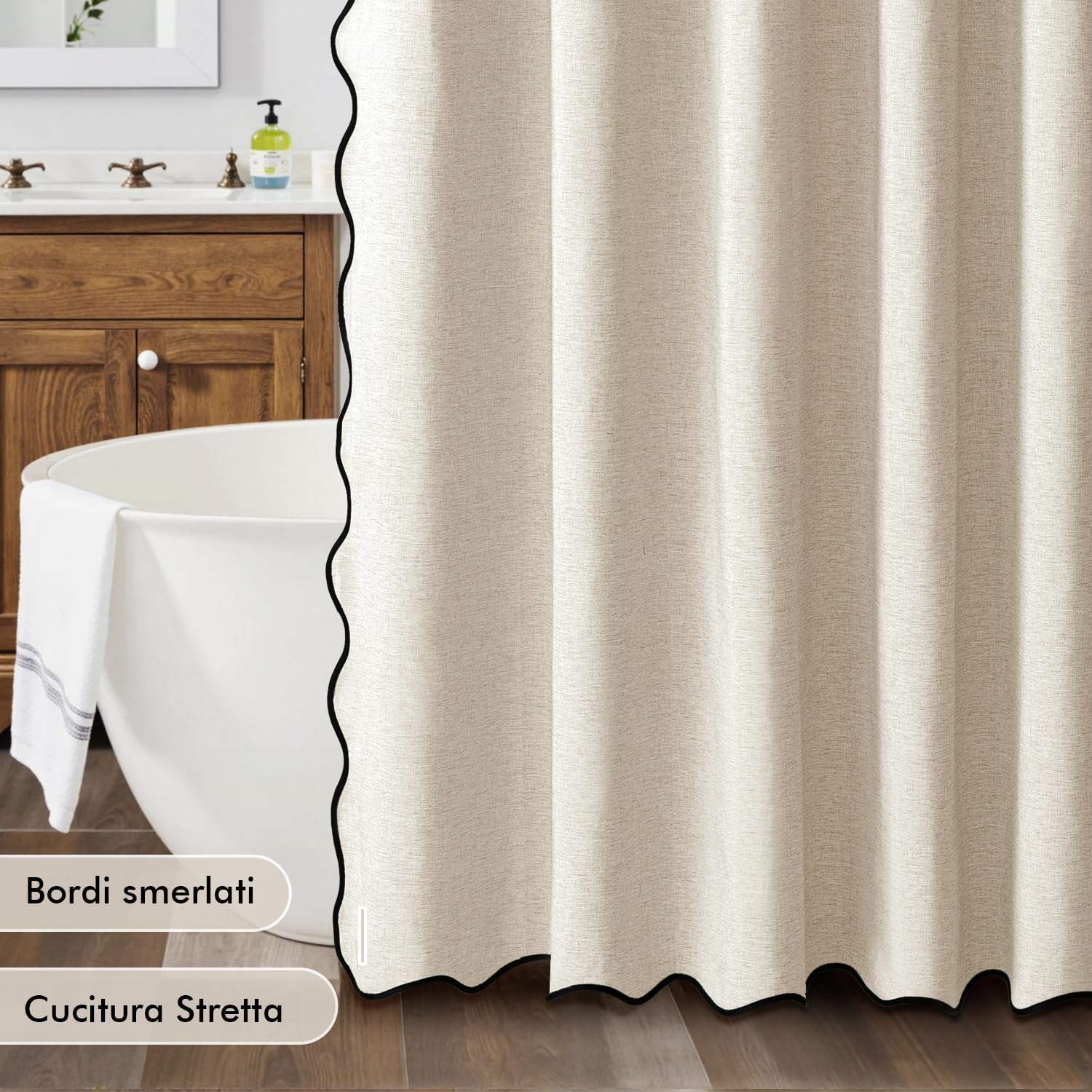 MIULEE Tenda da doccia in lino ondulato 180x200 cm Beige, tende da doccia impermeabili per hotel di lusso, tenda da bagno in tessuto lavabile antimuffa con 12 ganci in metallo.