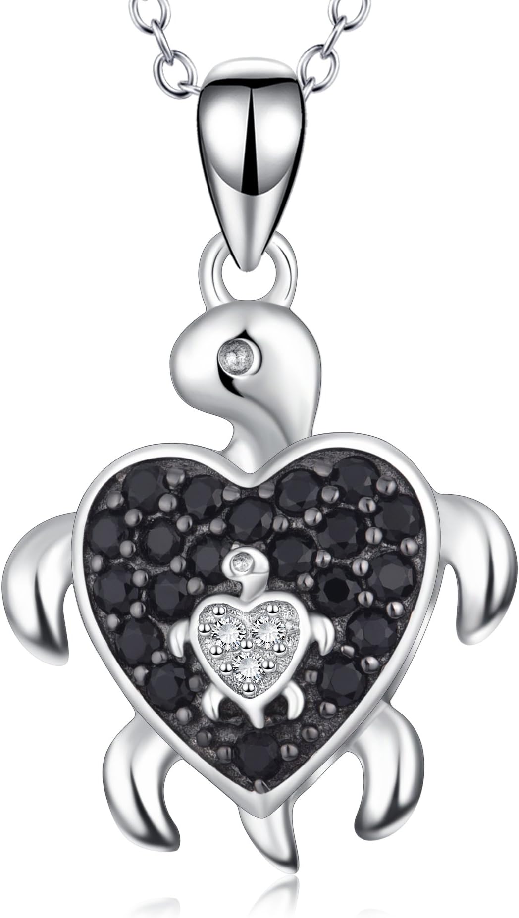 Mother and Child Turtle Pendant Necklace Sterling Silver Health Longevity Tortoise Jewelry with 18" Rolo Chain