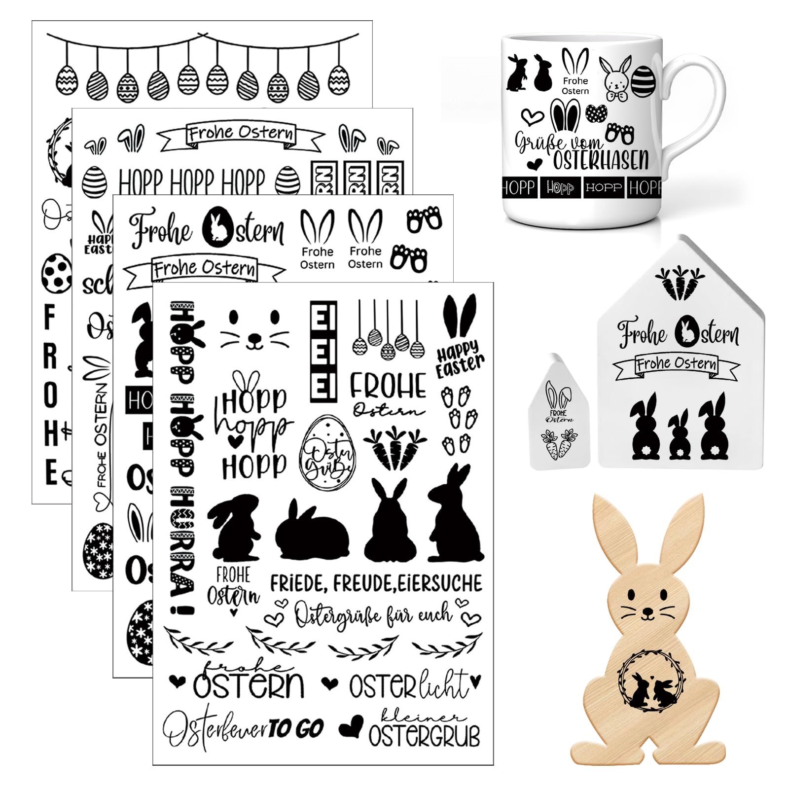 4 Stück A5 Rub On Sticker Ostern, Rub On Folie, 21x14cm Folie Transferaufkleber, Ostern Transferaufkleber, Ostern Sticker Ostereier Osterhasen Rub Ons Sprüche für Glas Holz Möbel Scrapbooking