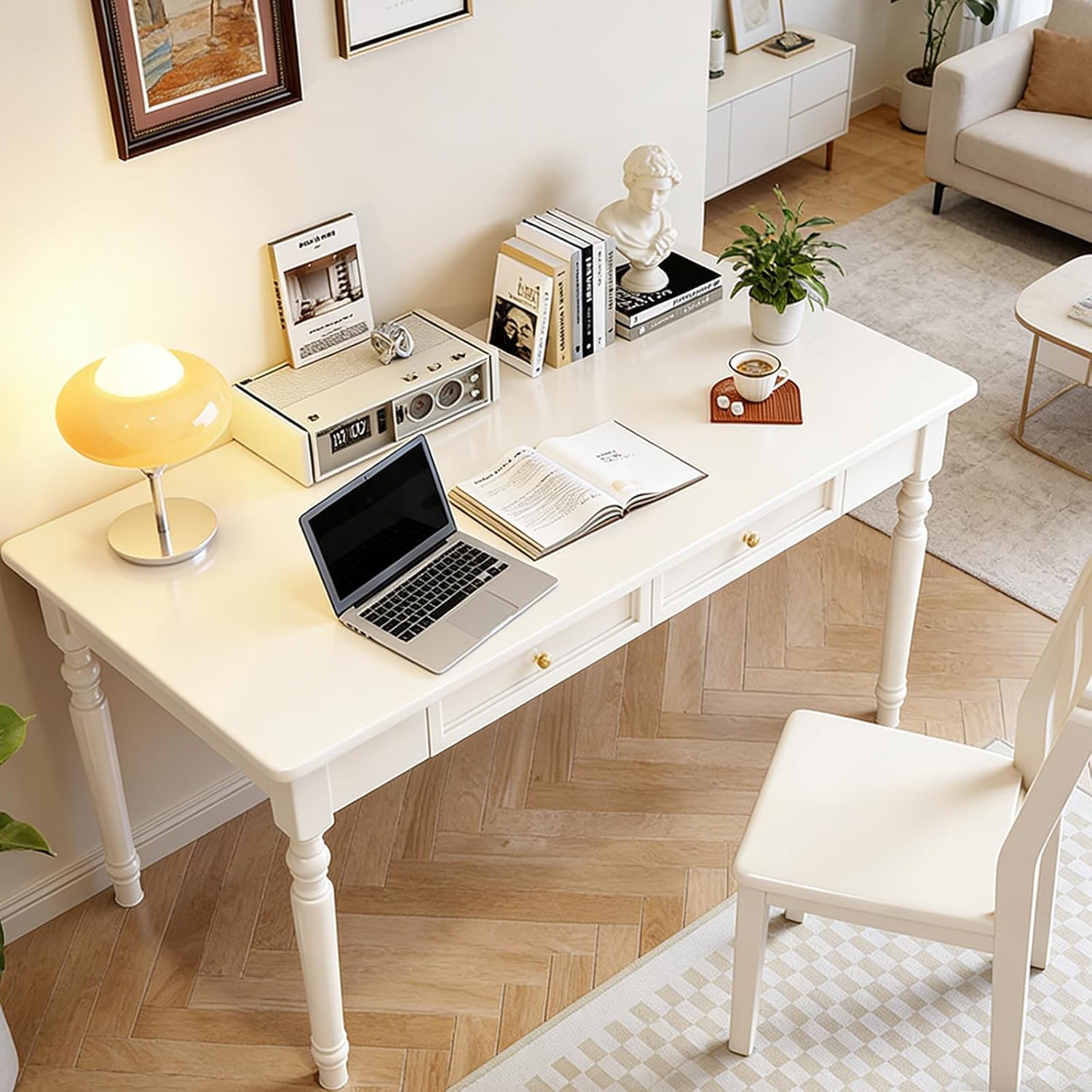 Solid Wood Computer Writing Desk with 2 Storage Drawers, Traditional Vanity Dressing Table, Small Rustic Home Office Desk, Easy Assembly(39 Inch, Black)