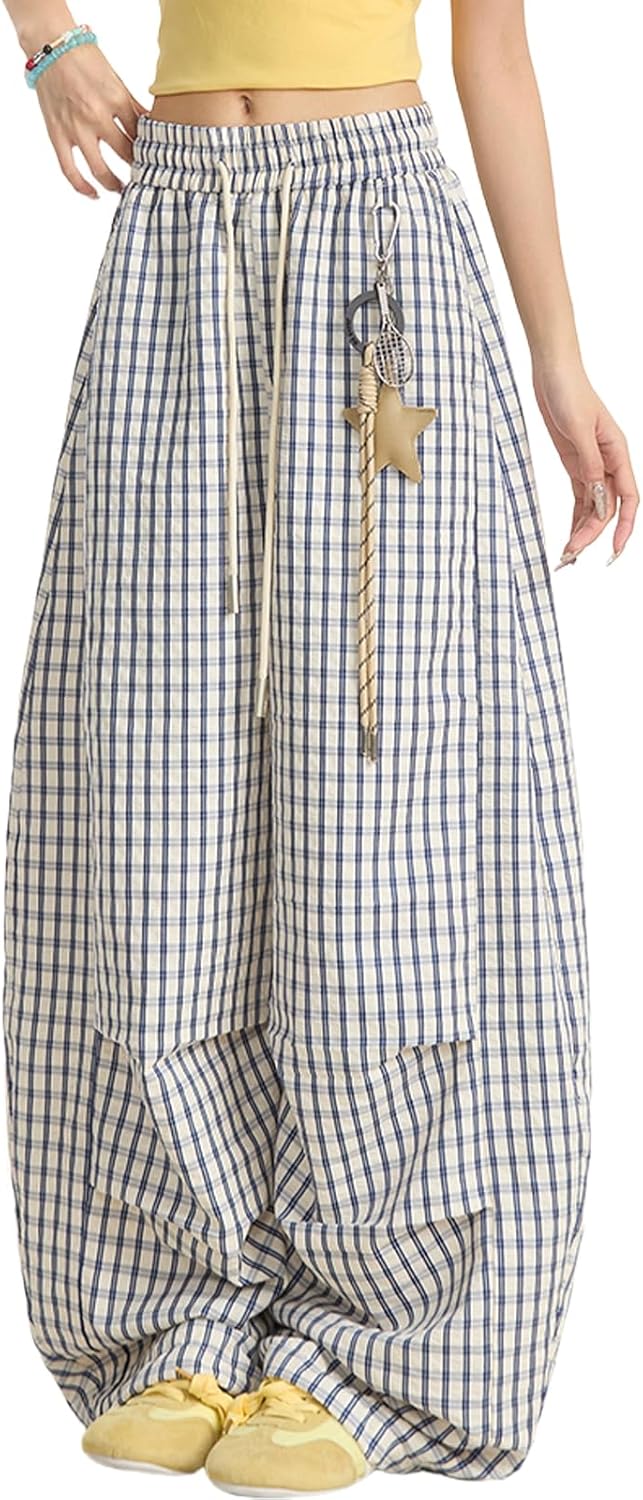 Women Plaid Cargo Pants Drawstring High Waisted Wide Leg Y2K Casual Trousers Trendy Baggy Streetwear Parachute Pants
