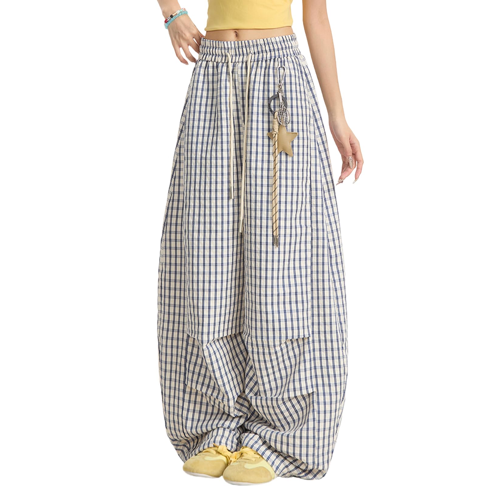 Women Plaid Cargo Pants Drawstring High Waisted Wide Leg Y2K Casual Trousers Trendy Baggy Streetwear Parachute Pants