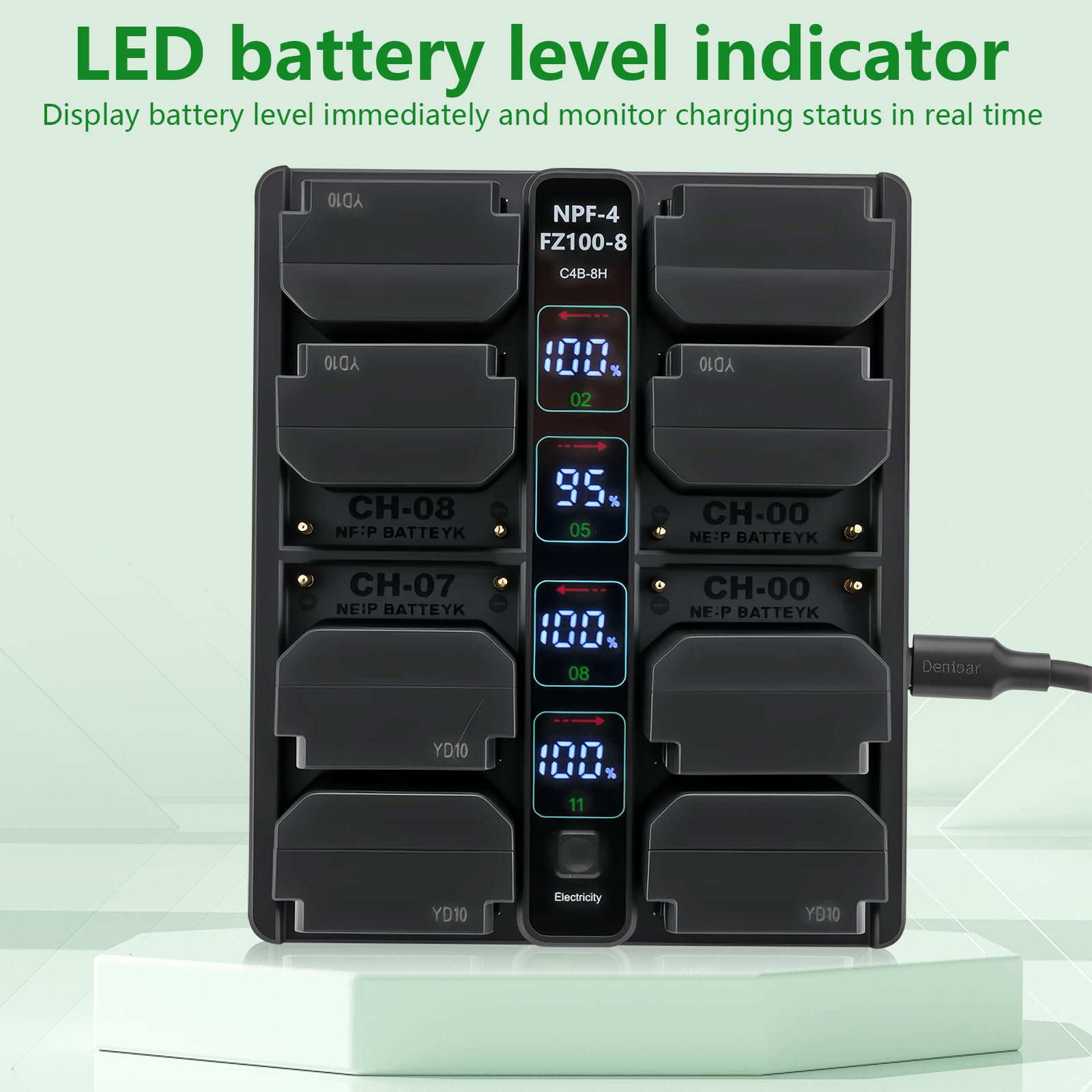 Peima C4B-8H Kameraakku-PD-Schnellladegerät – 4-Fach NP-F PD & 8-Fach FZ100 Multi-Akku-Ladestation – Schneller USB-C PD-Eingang, intelligente LED-Statusanzeige, kompaktes Design