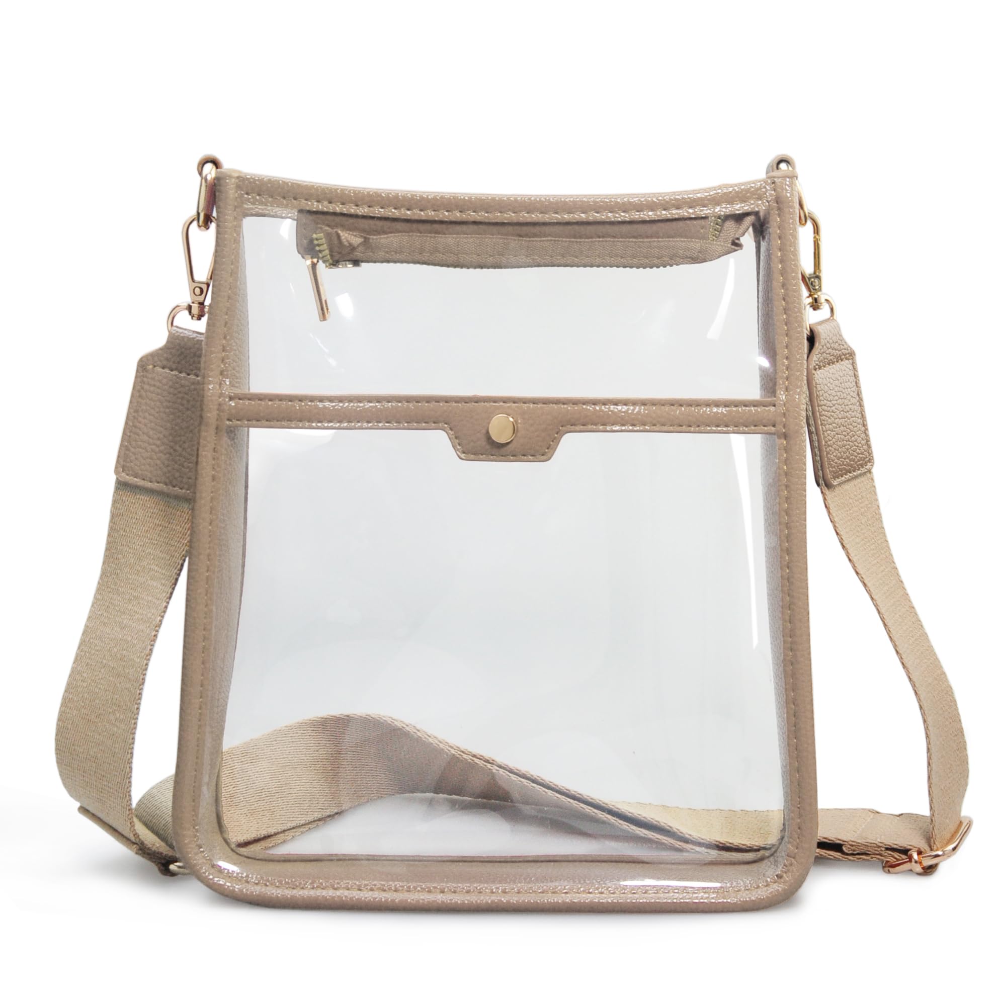 Women's Clear PVC Cross Body Bag Zipper Pocket Shoulder Bag with Vegan Leather Trim Stadium Approved Transparent Purse