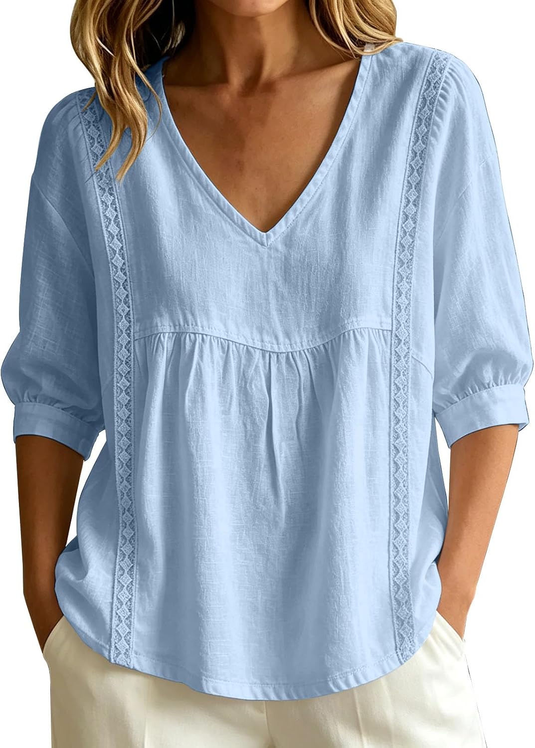 Casual V Neck Linen Tops for Women Comfy Loose Peasant T Shirts | Soft Lightweight 3/4 Length Sleeve Tunic Gauze Tees Breathable Solid Plus Size Travel Vacation Clothes