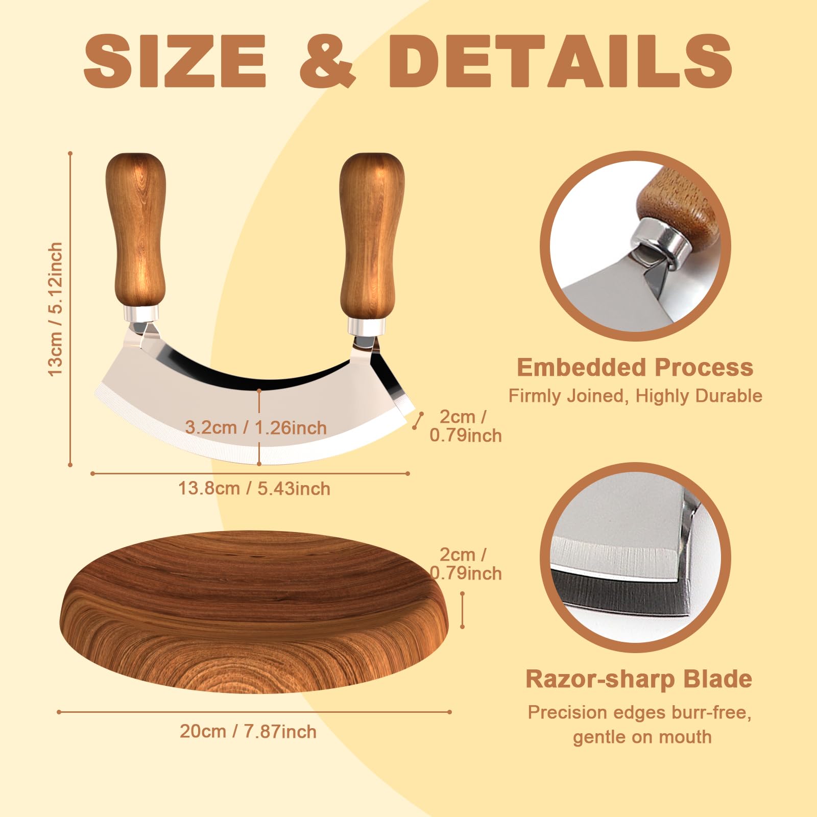 Pebblini Cutting Board & Mezzaluna Knife Herb Chooper–Wooden Chopping Board & 2-Bladed Curved Herb Cutter – Round Board & Double Blade Rocker Chopper