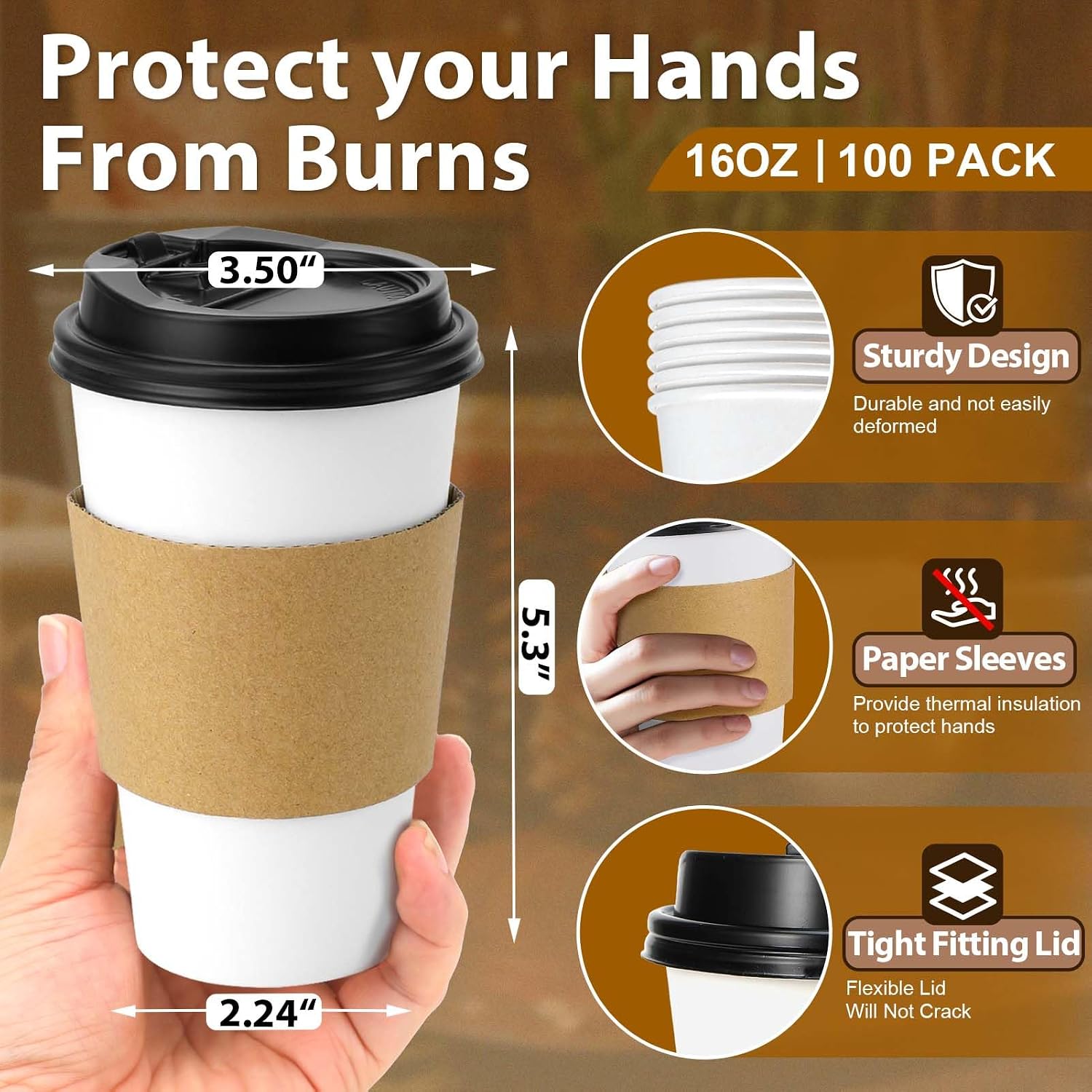 Clawsoff 100 Pack 16 oz Disposable Coffee Cups with Lids and Sleeves(White) image 2