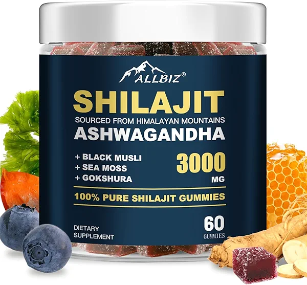 6 in 1 Pure Himalayan Natural Shilajit Gummies with Ashwagandha Gokshura, Sweetened by Organic Honey 100% Natural & Non-GMO Gold Grade Shilajit for Men & Women (60 Gummies)