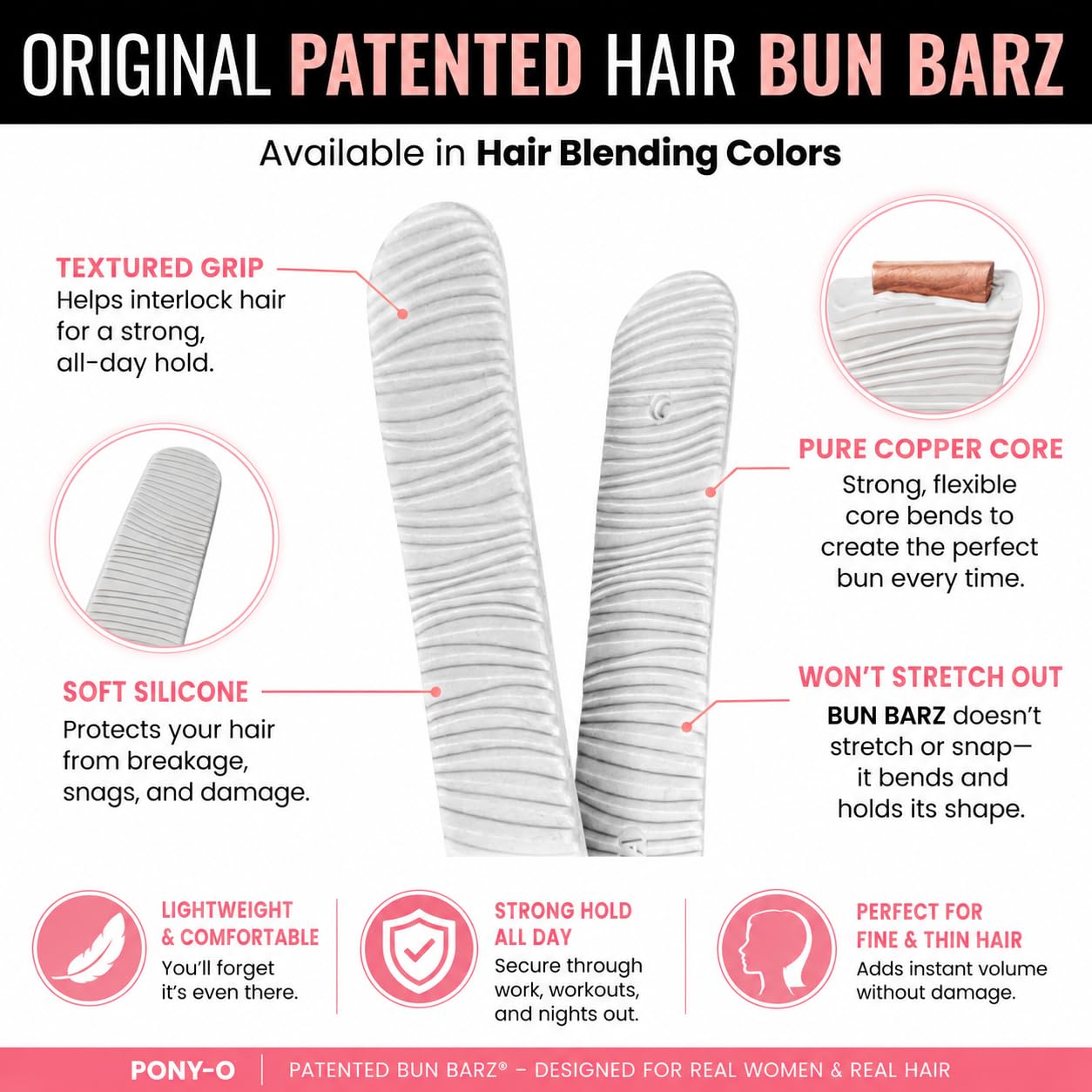 PONY-O Patented No Damage Ponytail Holder and Bun Maker - 2 Pack Hair Bun Alternative, Easy Styling Accessory for Ballet Buns - Light Brown