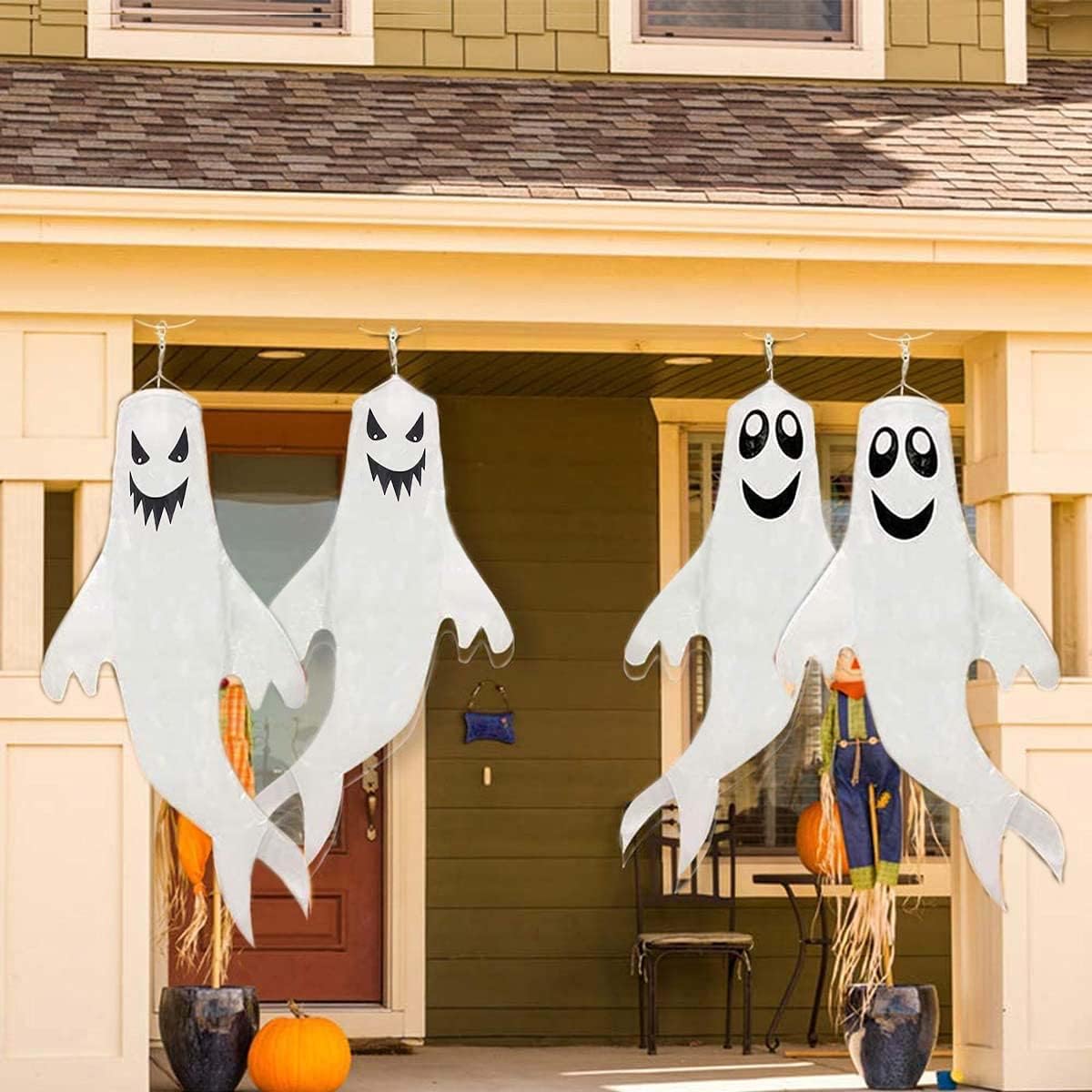 CastleMats Halloween Ghost Decorations, 4 Pieces 43 Inch 18 Inch Halloween Ghost Hanging Windsocks Ghost Flag Windsock Tree Decoration for Home Front Door Yard Porch Patio Lawn Garden Party White