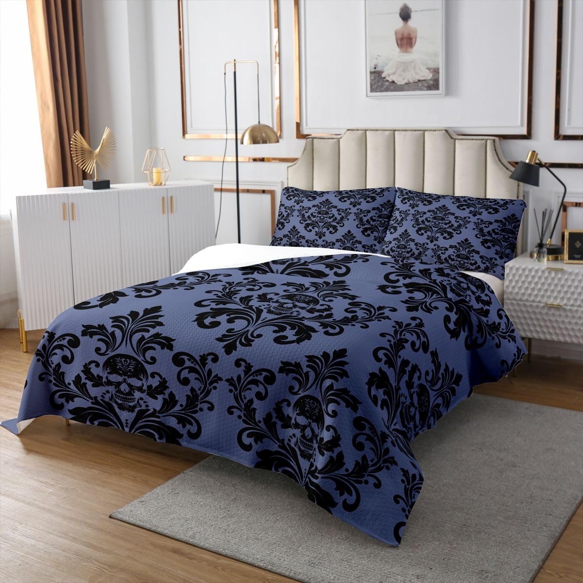 Gotycka czaszka, narzuta na poduszkę, egzotyczna, antyczna, wiktoriańska, barokowa, dla dzieci, nastolatków, w stylu boho, damask, kwiaty, zestaw pościeli, rozmiar S