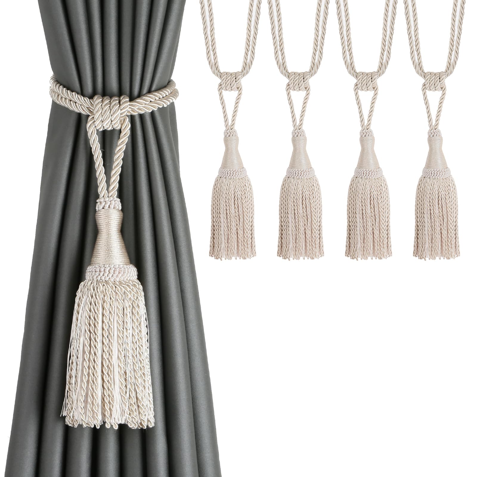 BEL AVENIR Tassel Curtain Tiebacks, Modern Rope Window Curtain Ties Backs for Draperies, Outdoor Elegant Decorative Curtain Holdbacks with Tassel(Beige, 4 Pack)