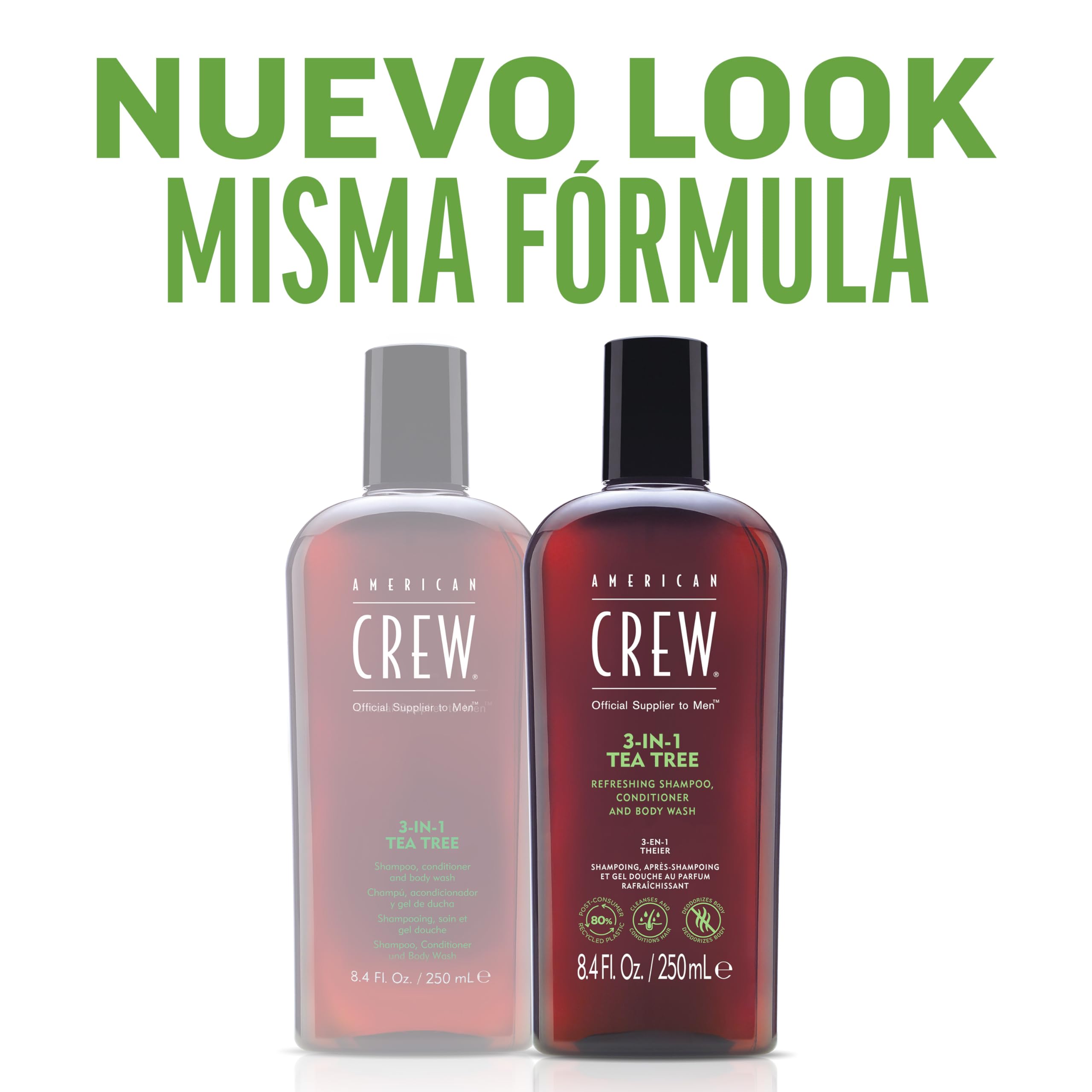 American Crew 3 en 1 Tea Tree, Champú Acondicionador y Gel de Ducha, Limpia y Elimina el Sebo del Cuero Cabelludo, Desodoriza el Cuerpo, Cabello Acondicionado y Brillante, Fragancia Árbol de Té