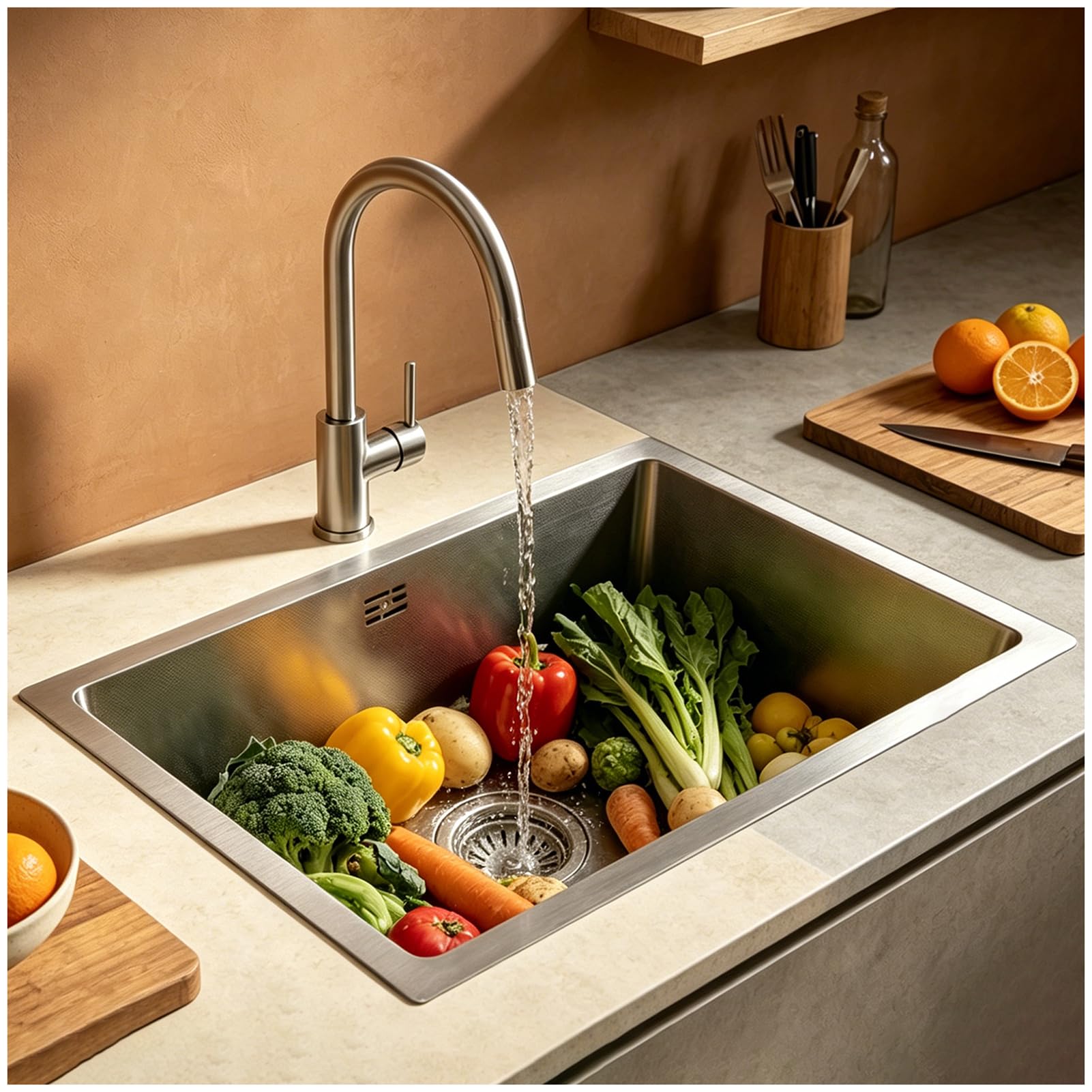 OMGMTSTORE 55 x 40 cm Kitchen Sink, Scratch-Resistant Surface, Stainless Steel, Kitchen Sink with Drain Fitting, Includes Kitchen Tap, Dish Drainer Dish Drainer Overflow, Built-in Sink, 1 Basin