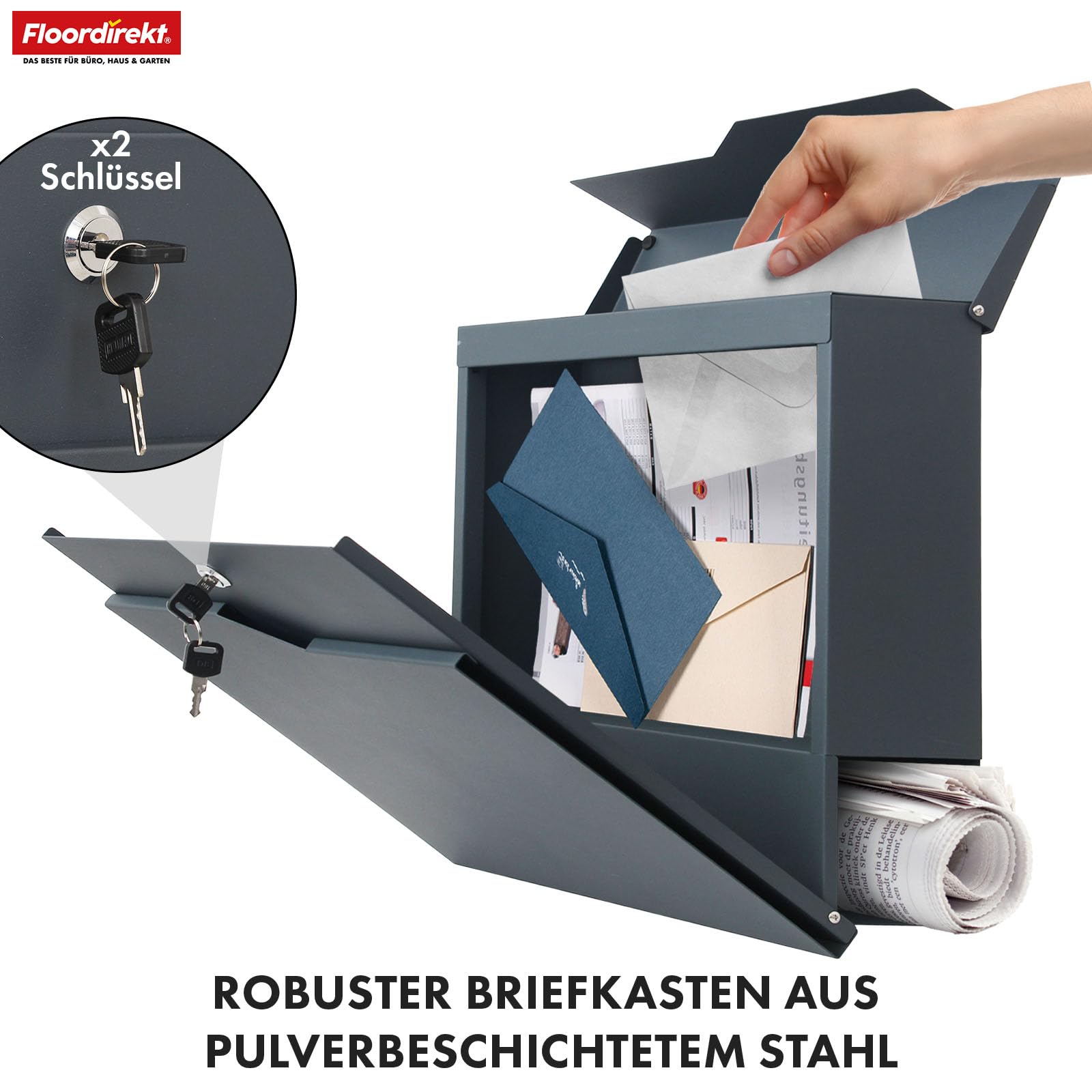 Floordirekt Moderner Briefkasten, mit Zeitungshalter, Deckel, abschließbar mit Zeitungsfach und großer Einwurfklappe, Jean Anthrazit