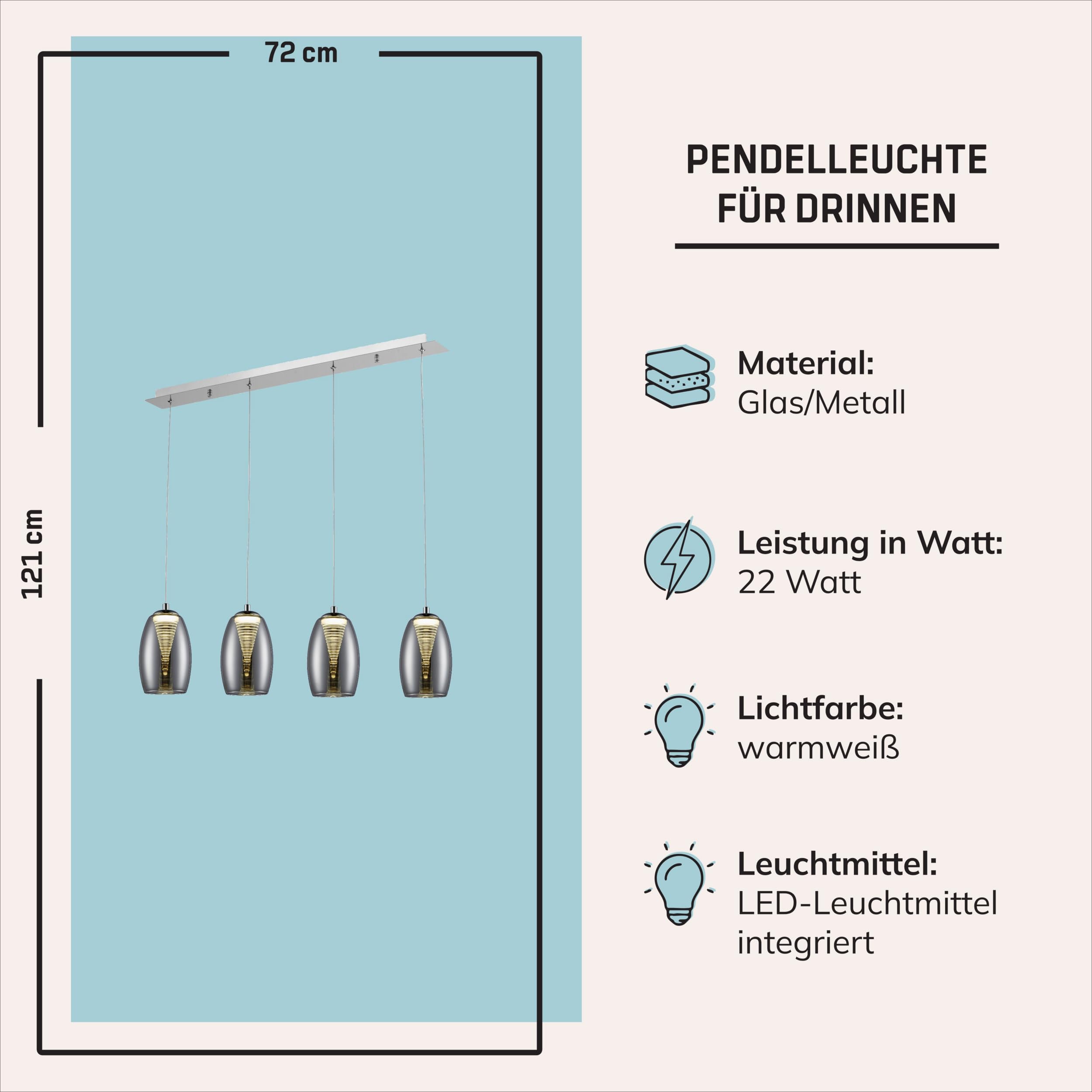 Lightbox LED Pendelleuchte mit Rauchglas - höhenverstellbare Hängelampe 4-flammig - dimmbare Deckenleuchte mit 3-Stufen-Schaltung - Lampe für Esstisch, Wohnzimmer & Küche - inkl. LED