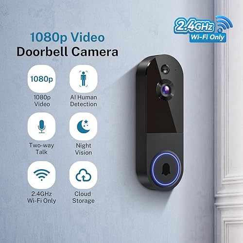 Miniatura 3 de Cámara inalámbrica con timbre de video Wi-Fi con visión nocturna, audio bidireccional, solo WiFi de 2.4G, detección de movimiento AI y