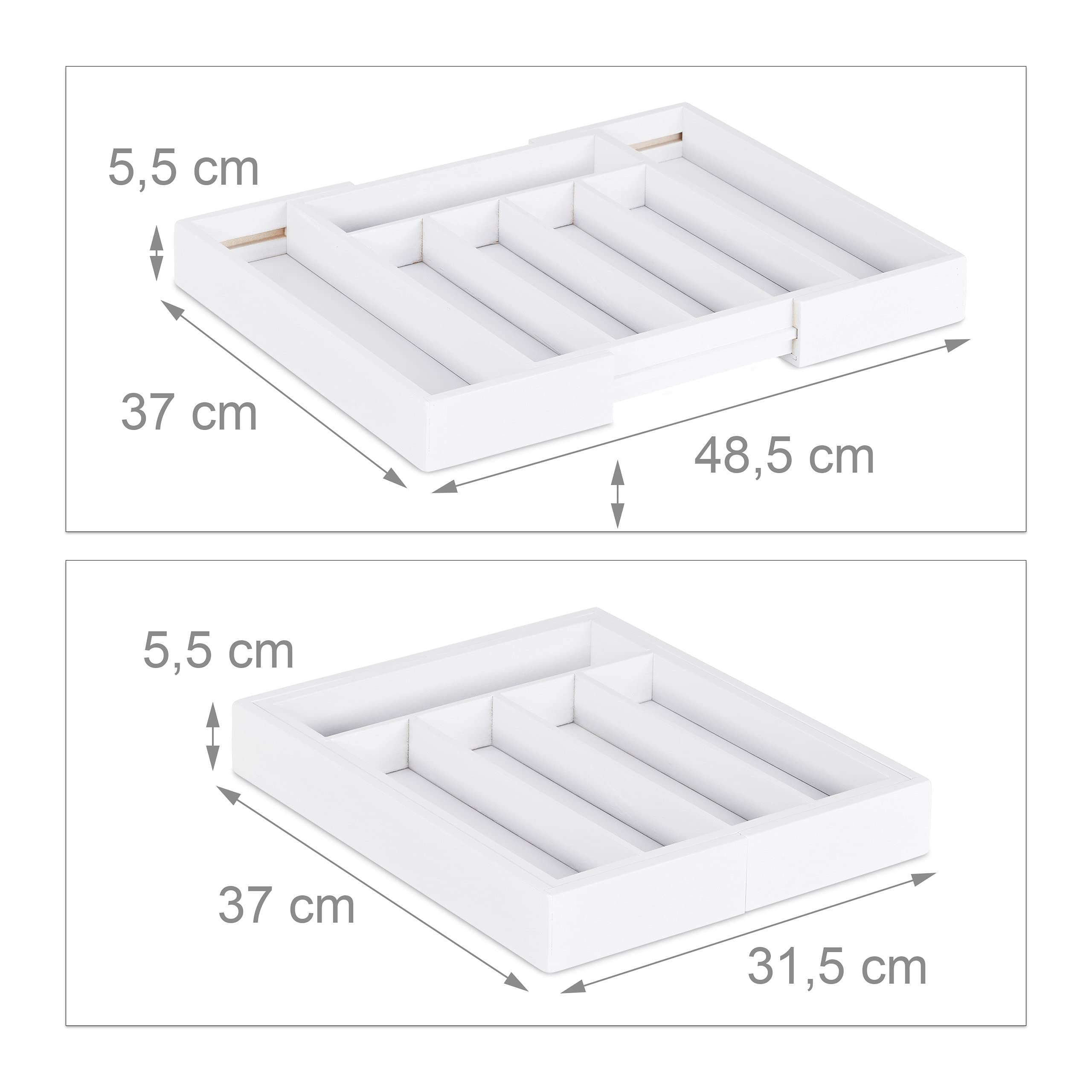 Relaxdays Portaposate da Cassetto Estraibile Larghezza Variabile da 5 a 7 Scomparti in Bambù HLP: 5,5x48,5x37cm bianco