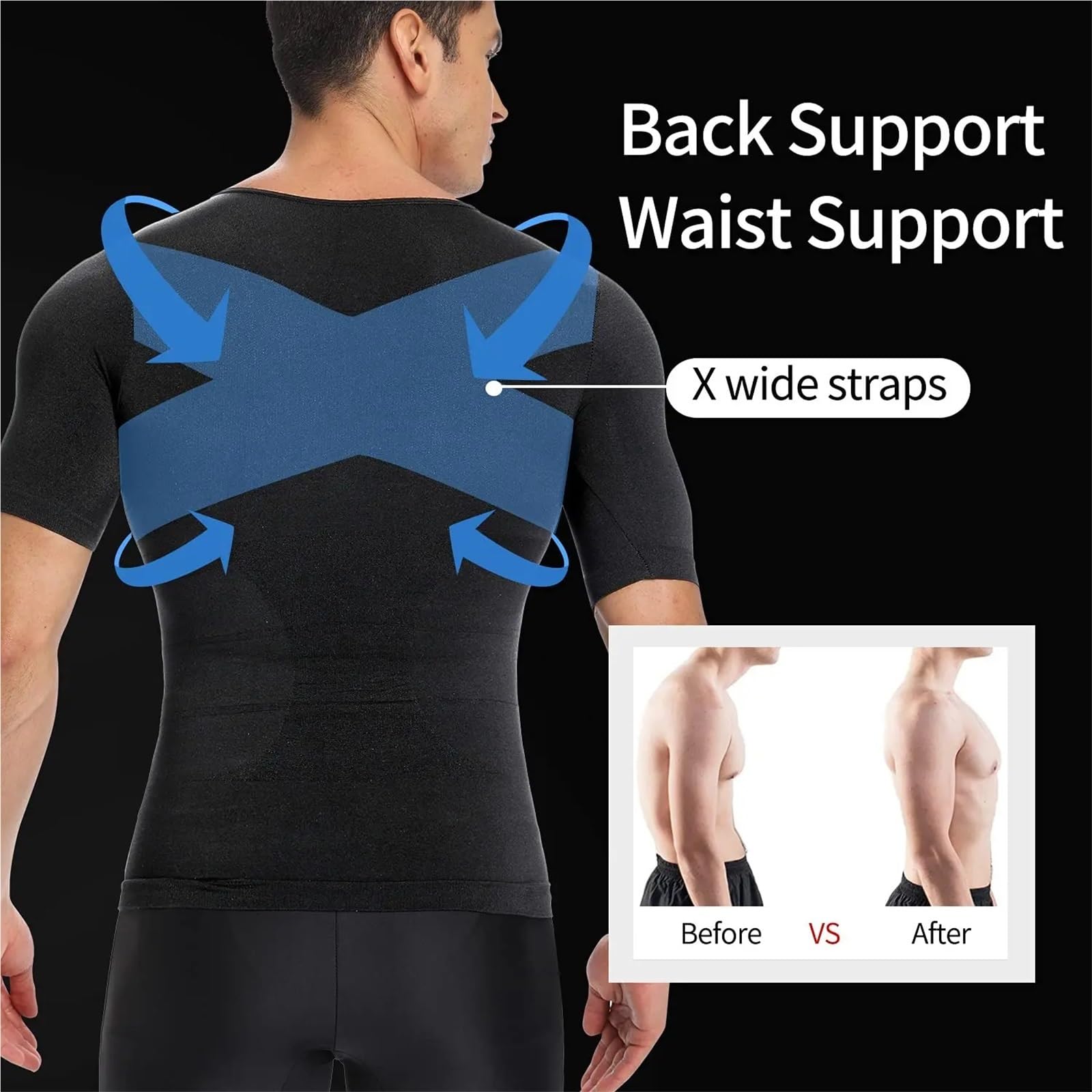 Body Shaper Weste für Männer Herren T-Shirt zur Körperstraffung, Kompressionsshirts, Haltungskorrektur, Unterhemd, Bauchweg-Korrekturunterwäsche Für Fitness geeignet(Black,L)