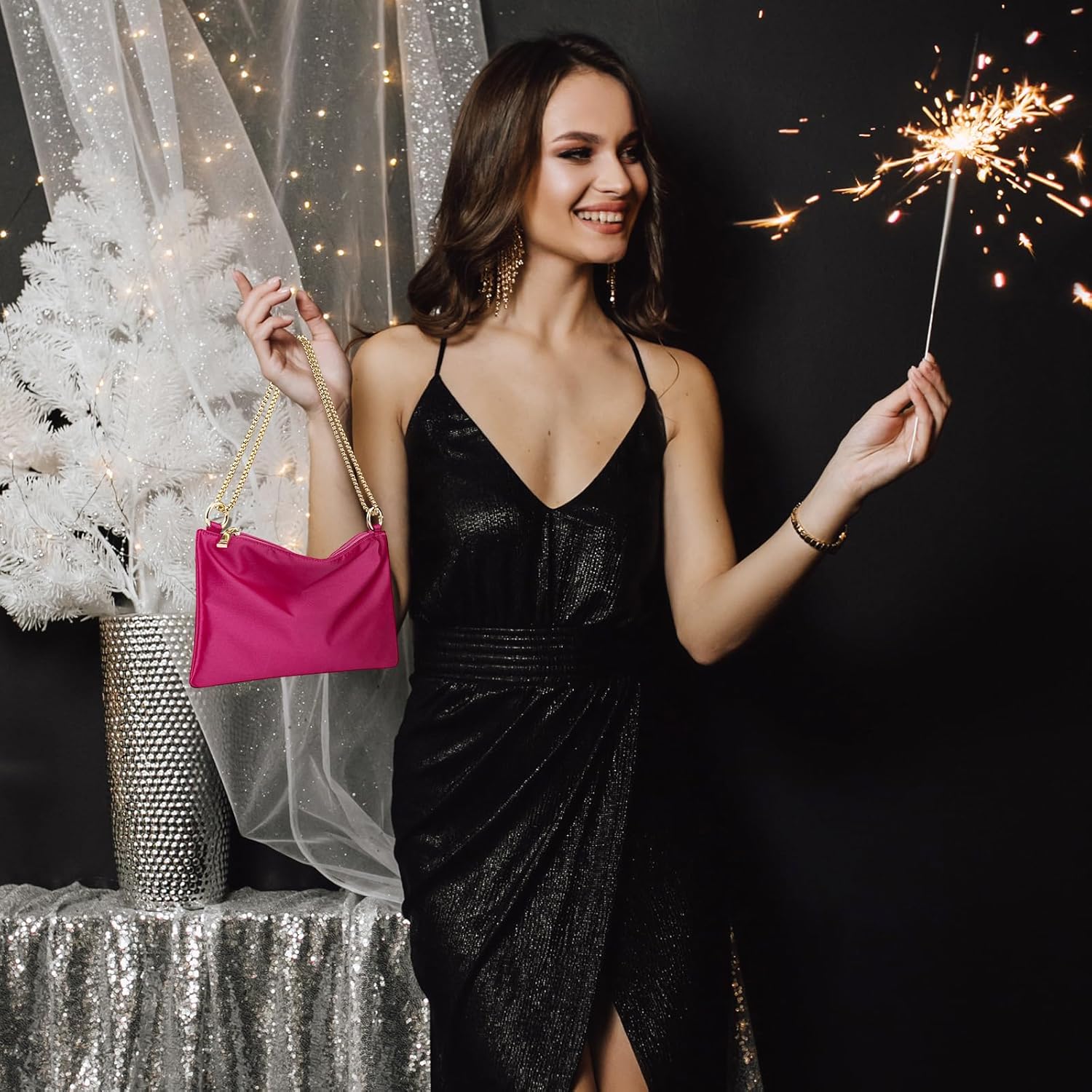 Women Satin Evening Handbag Wedding Prom Clutch Purse Formal Cocktail Party Clutches Shoulder Bag with 2 Bag Chains - Image 6