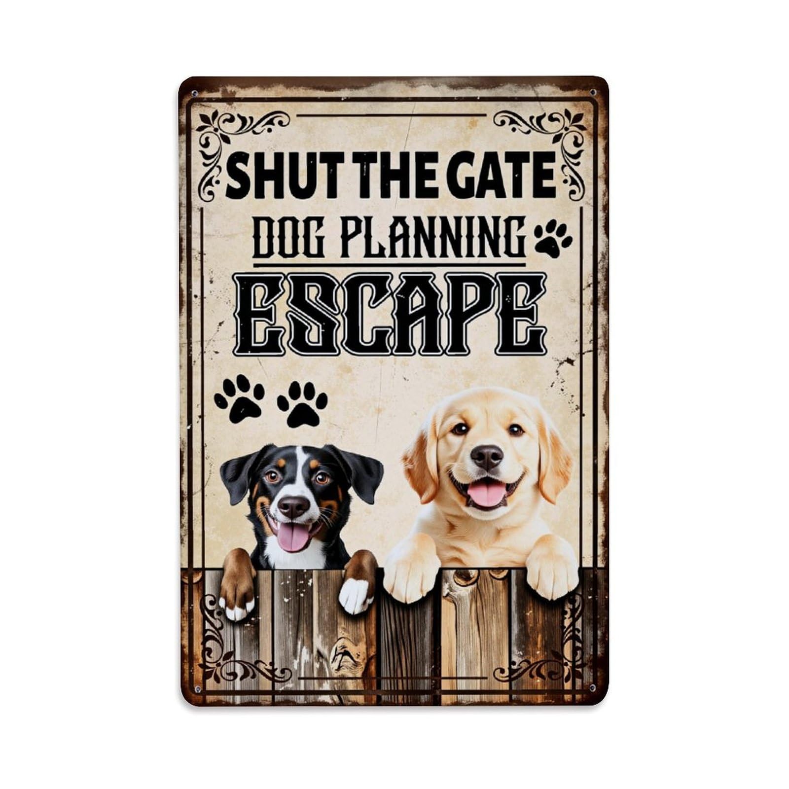 Jdyaojiesheng Vintage Dog Escape Planning Gate Shut Tin Sign Retro Metal Wall Decor Metal Poster, Home Bar Garage Farmhouse Cafe Wall Art Decoration 8X12inches