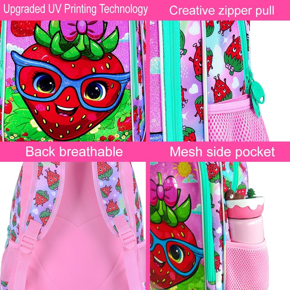 KLFVB 3PCS Strawberry Backpack for Girls, Water Resistant Kids Bookbag with Lunch Box, 16" Preschool Backpacks for Elementary - Strawberry Pink - Image 5