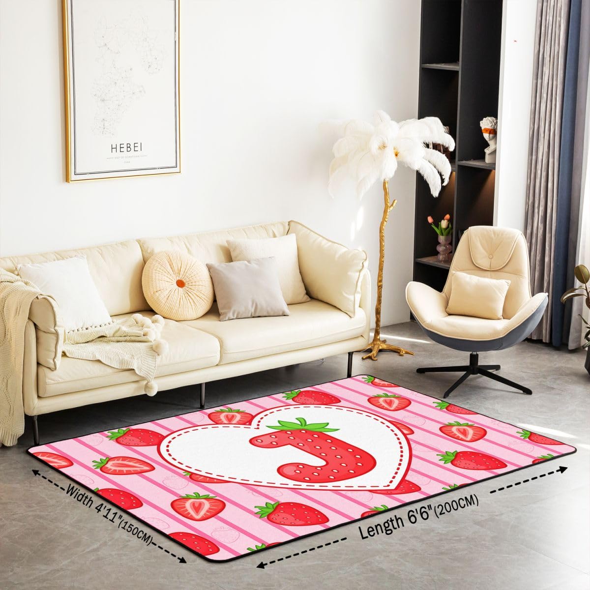 Loussiesd Tapis de Salon 100x150cm Fraise Tapis Chambre Personnalisé Lettre J pour Salon Chambre Cuisine ou entrée Kawaii Strawberries Moderne Alphabète Lettre Letter pour d’intérieur d'extérieur