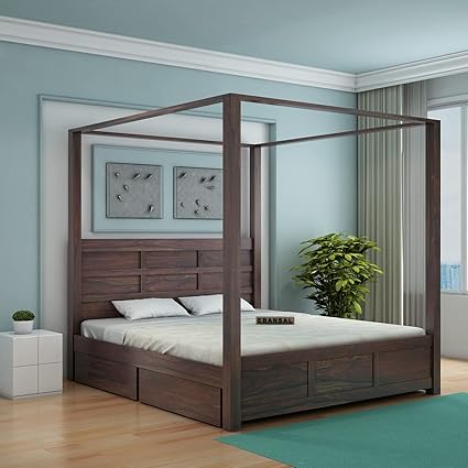 Ebansal Wooden Queen Size Poster Bed for Bedroom | Designer Solid Wood Double Bed Cot Bed with 4 Drawer Side Storage | Sheesham Wood, Walnut Finish