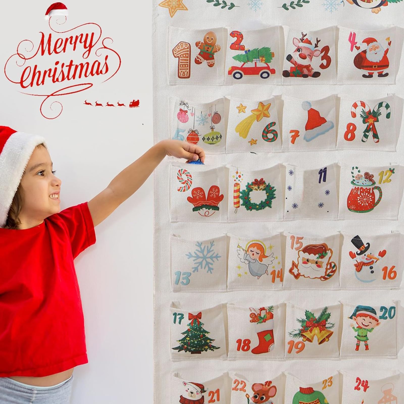 Calendario dell'avvento in tessuto con 24 tasche, calendario dell'Avvento da appendere, calendario dell'Avvento da riempire, calendario dell'avvento