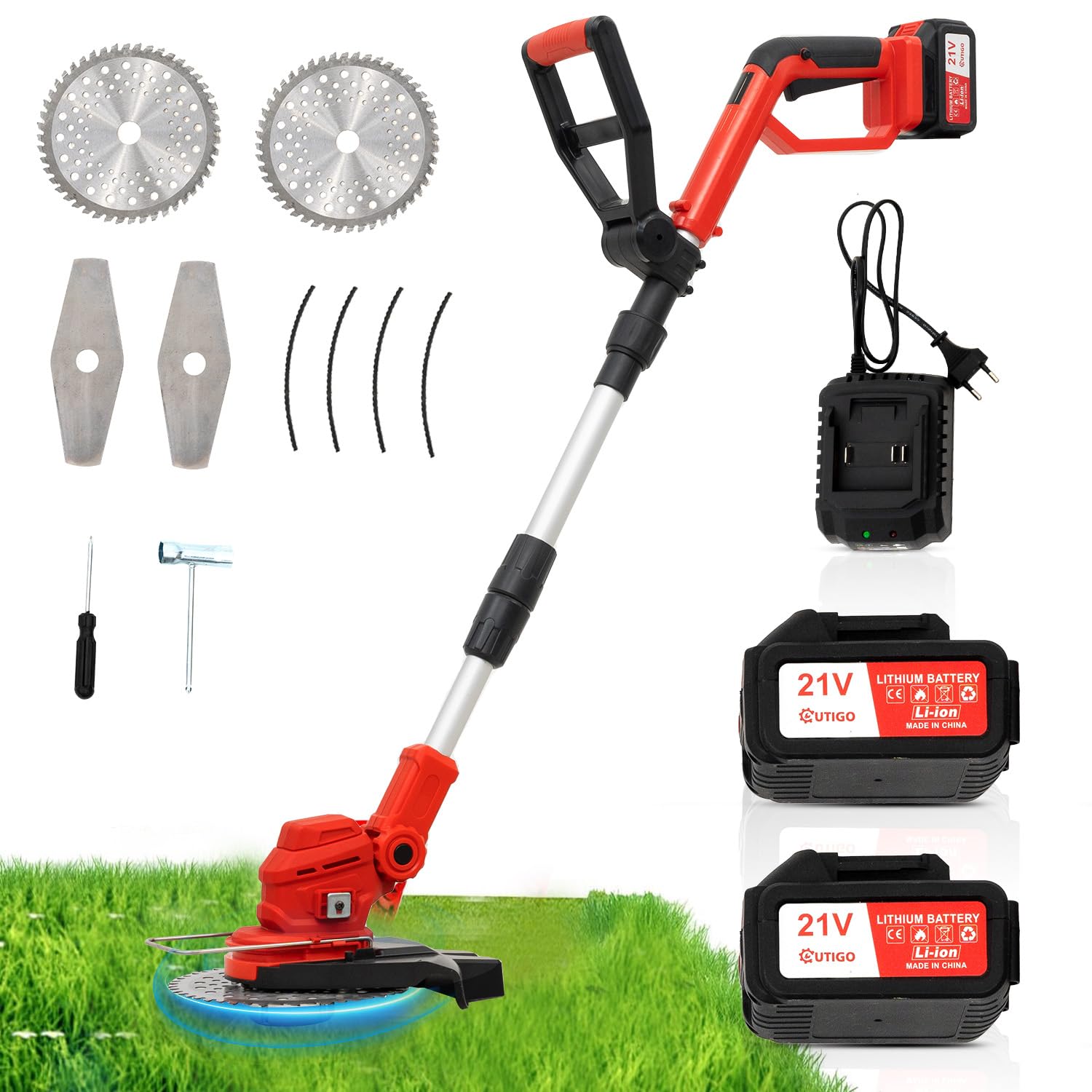 Akku Rasentrimmer mit Akku, Rasenkantenschneider mit 2 Akkus 4000mAh 21V, Verstellbarer Teleskop-Führungsholm Desbrozadoraeléctrico inalámbrico