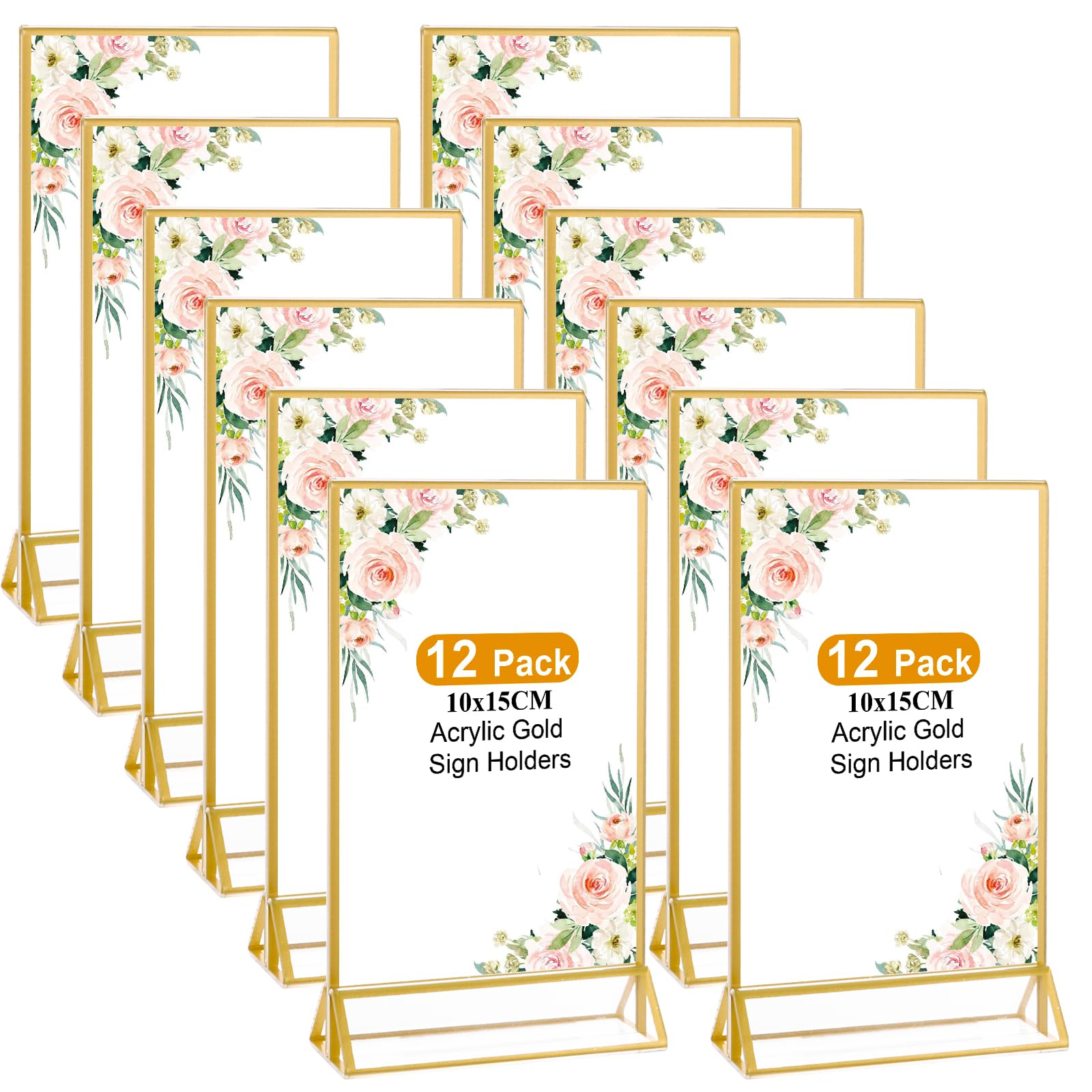 Lot de 12 présentoirs de table A5, 10 x 15 cm, en acrylique, double face, dorés, support en T, cadre doré pour présentation des deux côtés, mariage, restaurants