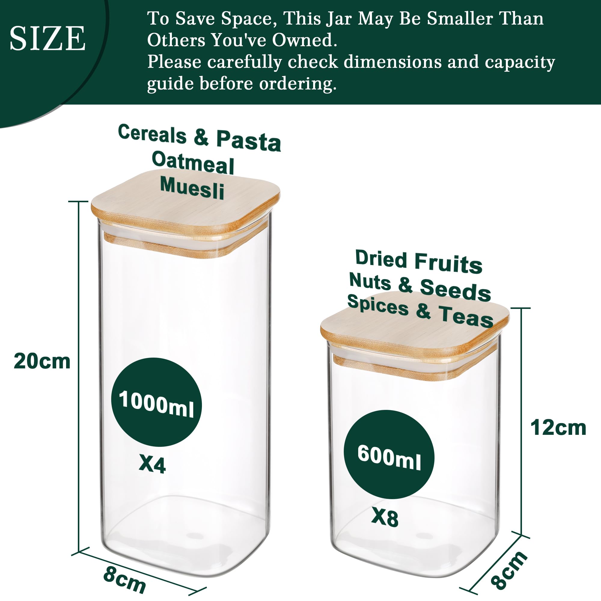 LIBWYS 12er Set Vorratsgläser mit Bambusdeckel Eckig Vorratsdose Glas - in 2 Größen : 1000ml; 600ml