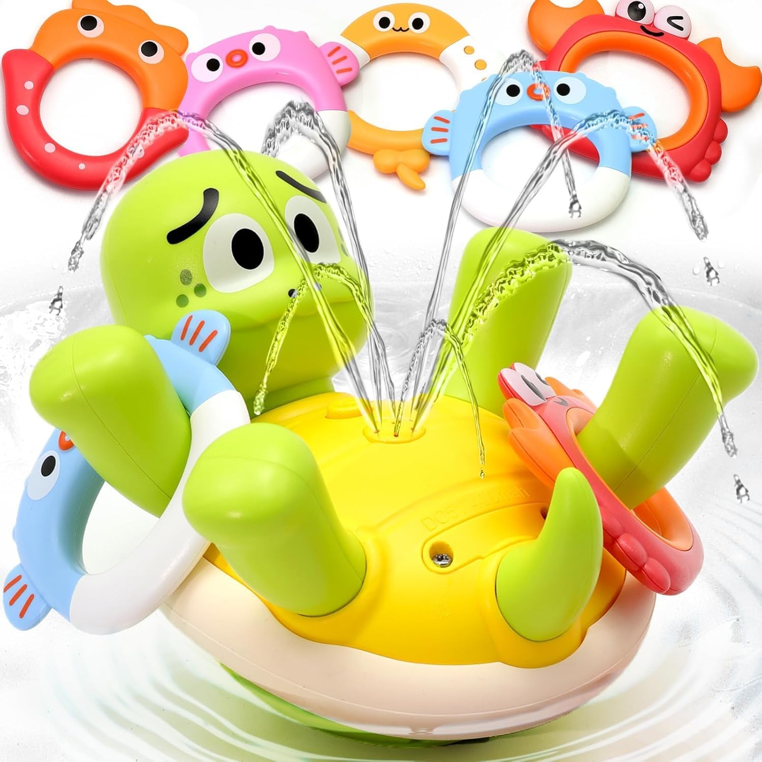 AM ANNA Baby Bath Toys, Turtles Bath Toy One-Touch Water Spray Button with 5 Rings,Rechargeable Bath Toys for Kids,Interactive Swimming Toys, Waterproof Water Toys for Babies