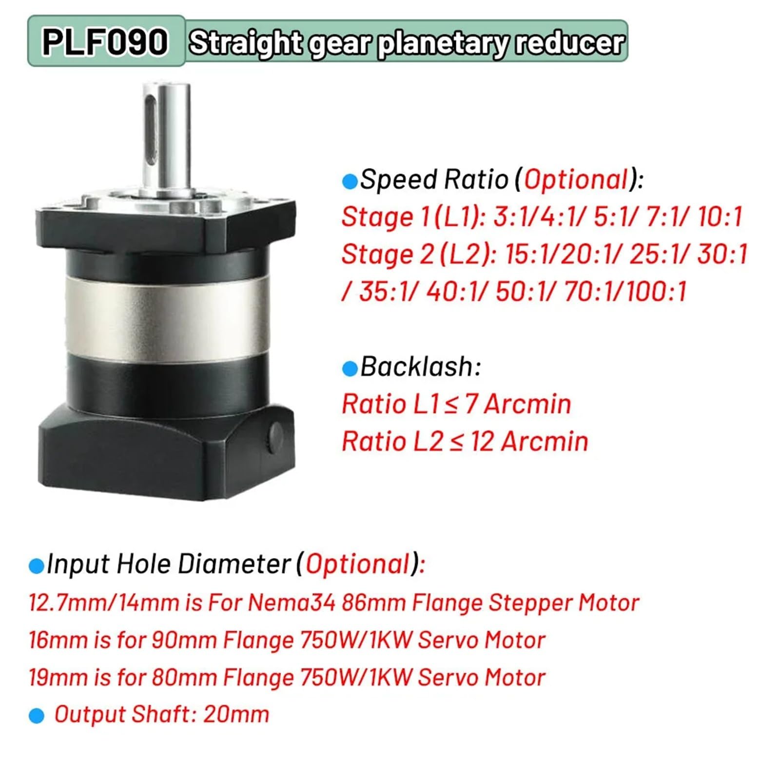 Reduktor prędkości przekładnia prosta Nema, reduktor planetarny, przekładnia redukcyjna do silnika serwo 600 W i 750, silnik krokowy do 86 mm (przełożenie prędkości 35 do 1,PLF090-14mm-86step)