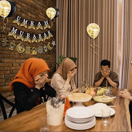 Vista 6 de AhfuLife Umrah Mubarak - Juego de banderines de 3 piezas de decoración de Ramadán preatado con guirnalda de estrella de luna, suministros de fiesta