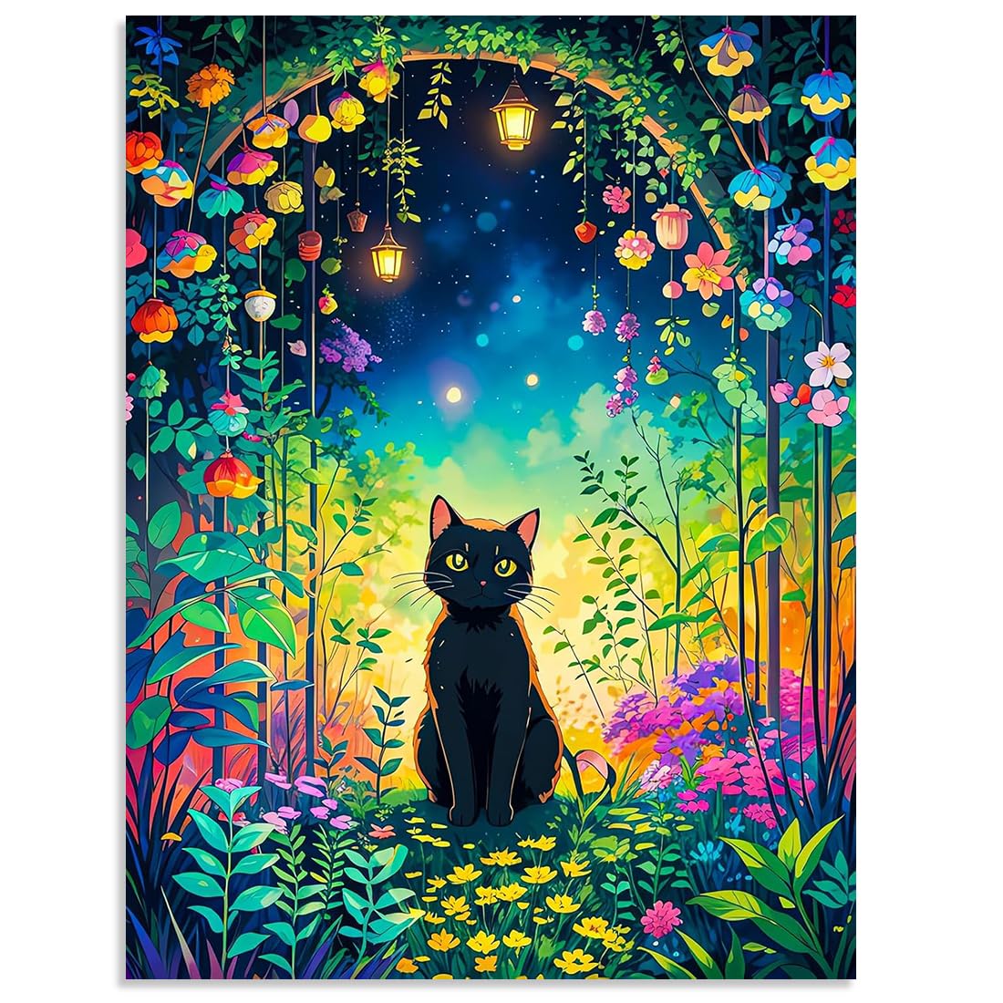 Stamped Cross Stitch Kits for Adults - Black Cat Flower Embroidery Kits for Beginners Adults,11 CT Patterns Dimensions Counted Cross Stitch Kits for Adults Arts Craft 12x16 inch