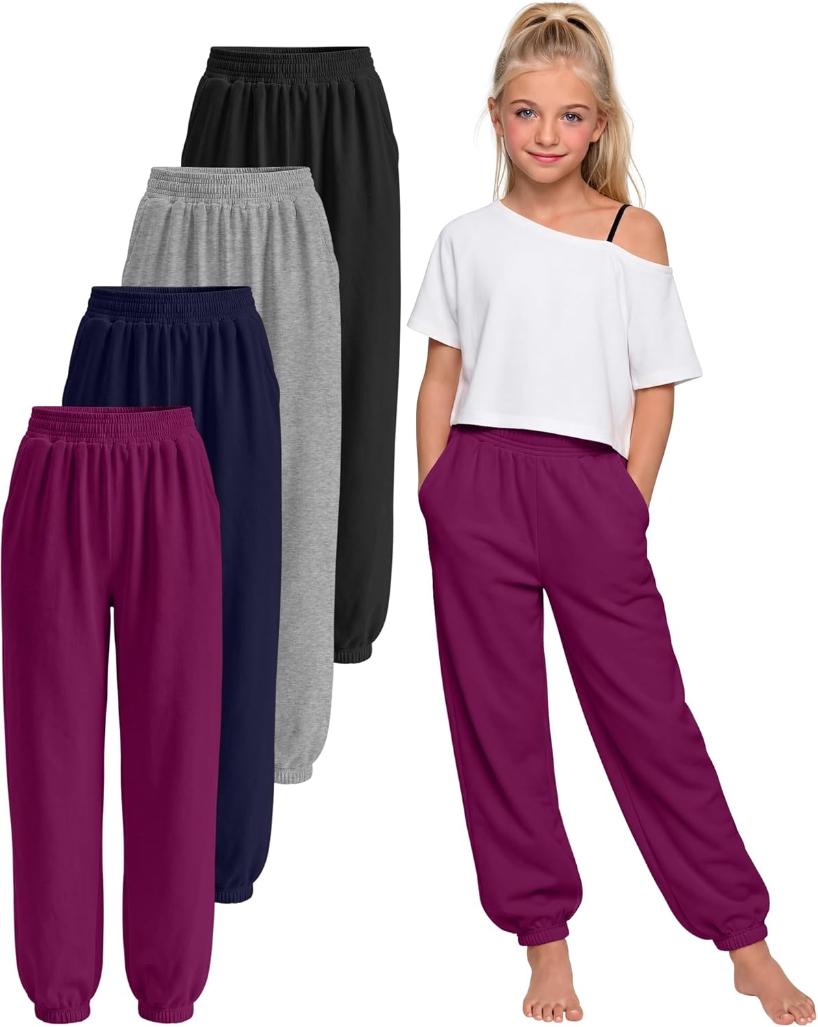 4 Pack Girls' Yoga Pants Lightweight Leggings Casual Joggers Elastic Waist with Pocket Kids Teen 5-14Y
