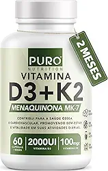 Vitamina D3 + K2 Puro Nutrition 2000 iu D3 com 100mcg de Vitamina K2 MK-7, 60 Cápsulas