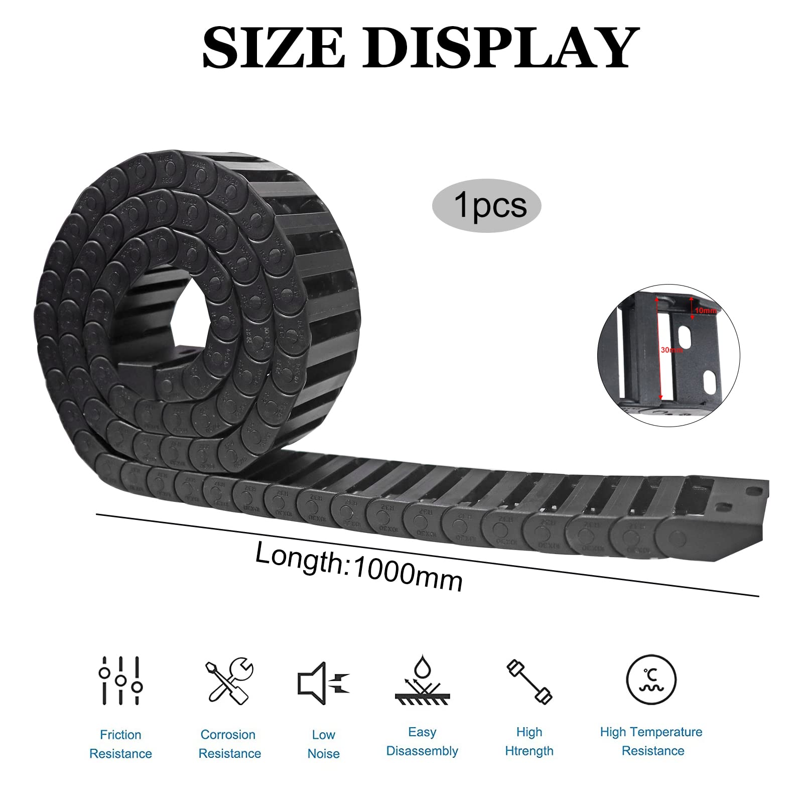 WZYTEU Cable Cadena de Arrastre, Cadena de Energía de Plástico Soporte de Alambre para Impresora 3D CNC Router Máquina Equipos Electrónicos, 10 mm × 30 mm Negro 1 M