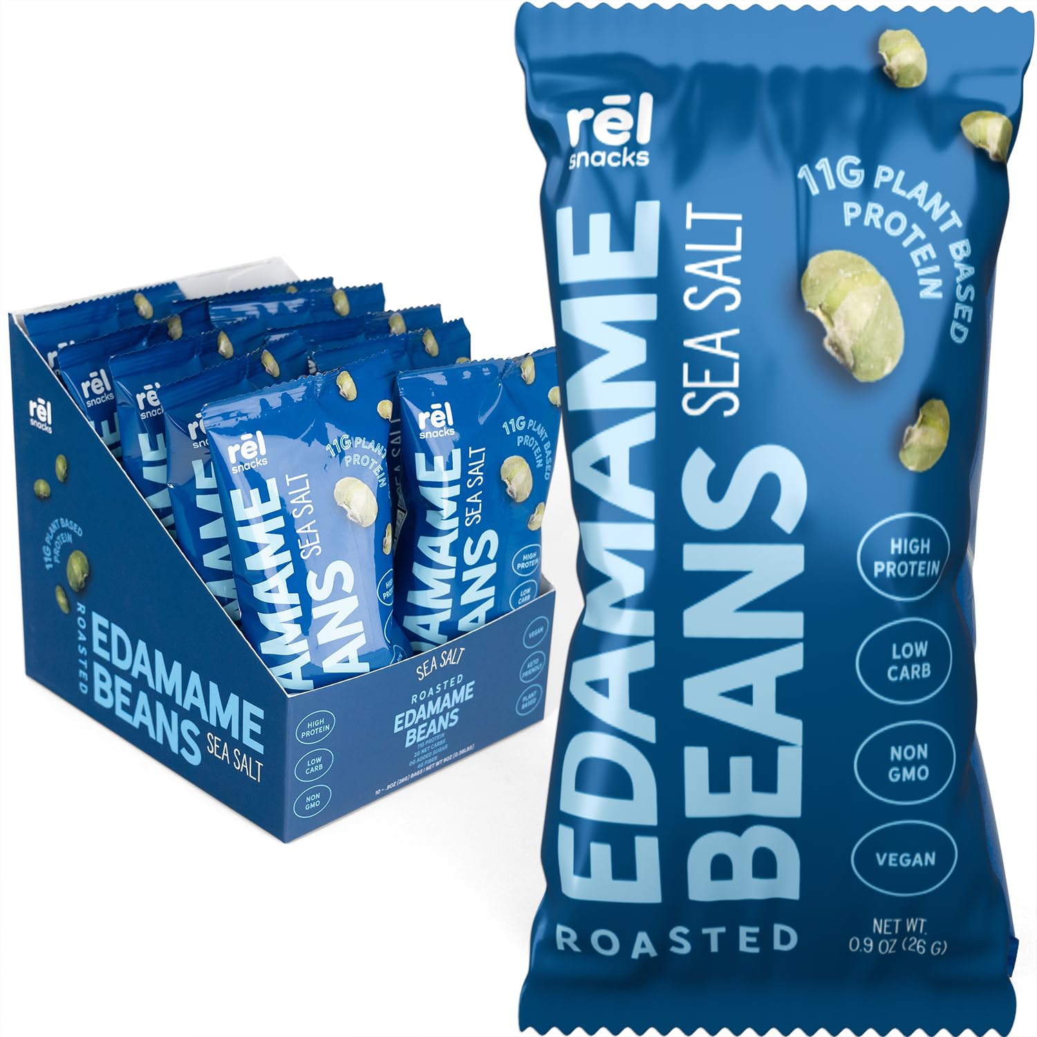 Rēl Snacks Roasted Edamame by Fred's Farm - Sea Salt, Low Calorie (0.9oz, 10-Pack) | Keto-Friendly, Low Carb, High Protein (11g) | Vegan | Ideal Crunchy Snack for Office and On-the-Go