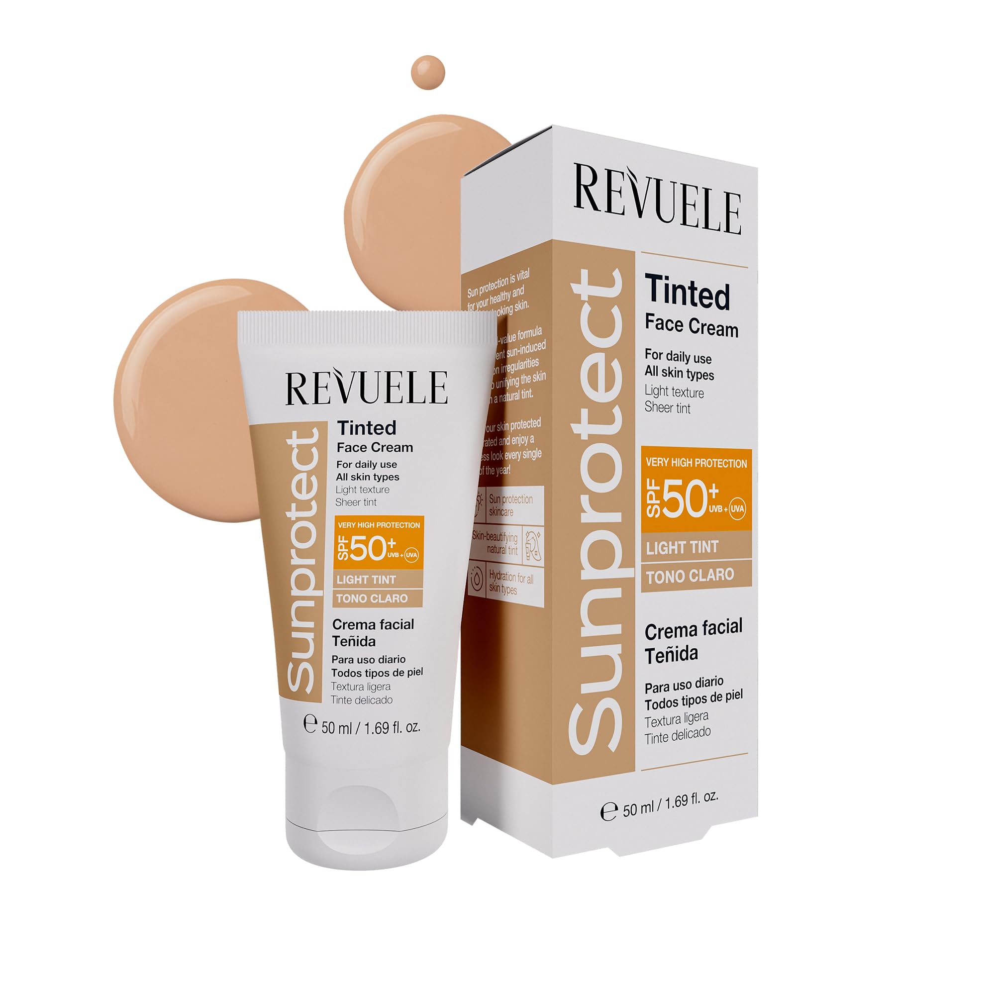 REVUELE Sunprotect Tinted Face Cream – Light Tint/​Colorata SPF 50+ – Protezione Solare Alta con Effetto Uniformante, Texture Leggera e Setosa, Light Tint, Pelle Naturale e Luminosa, 50 ml