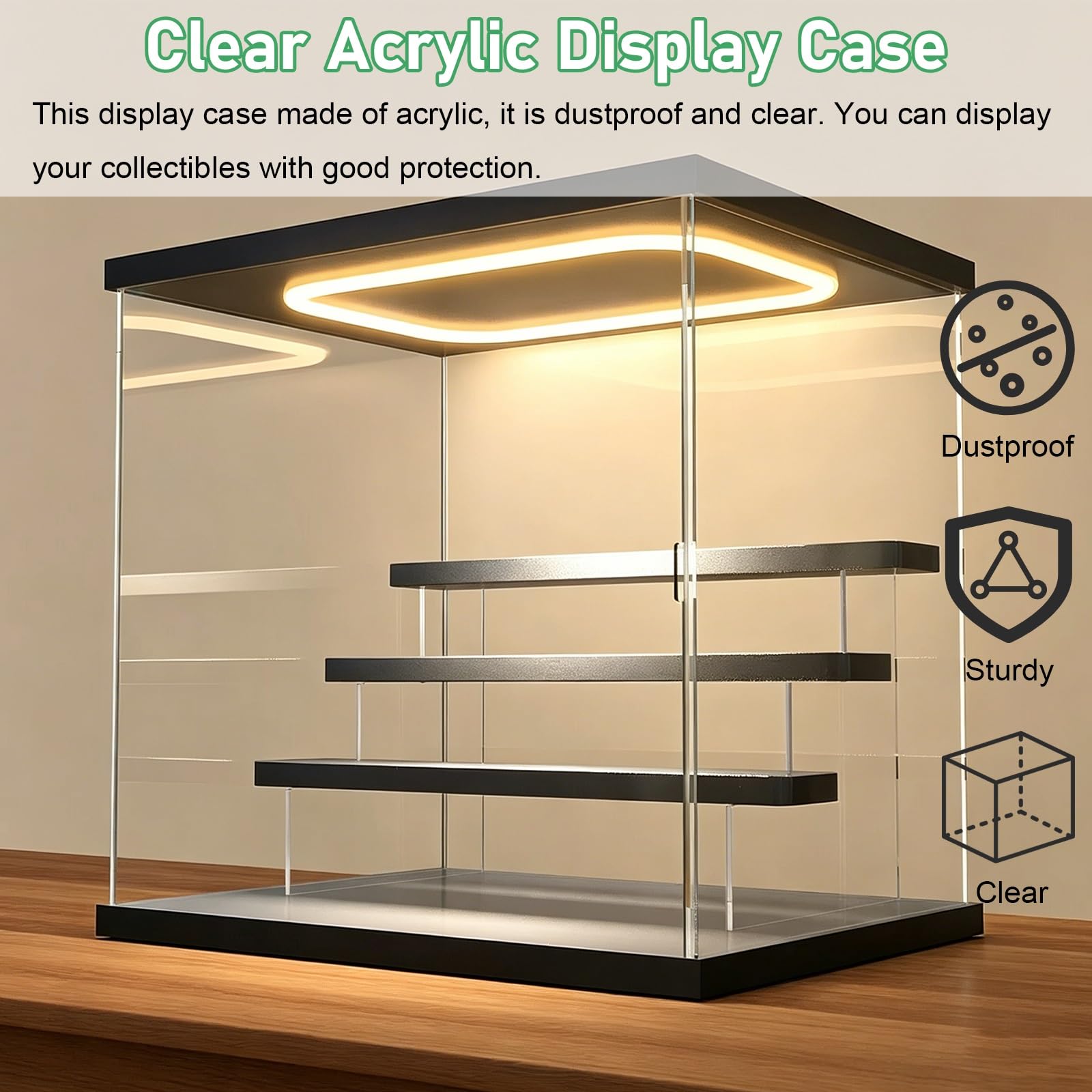 Teca Plexiglass Vetrina per Oggetti da Collezione Antipolvere Autoassemblante in Acrilico con Luci, Scatola da Esposizione per Vetrina da Banco in Acrilico Trasparente(A)