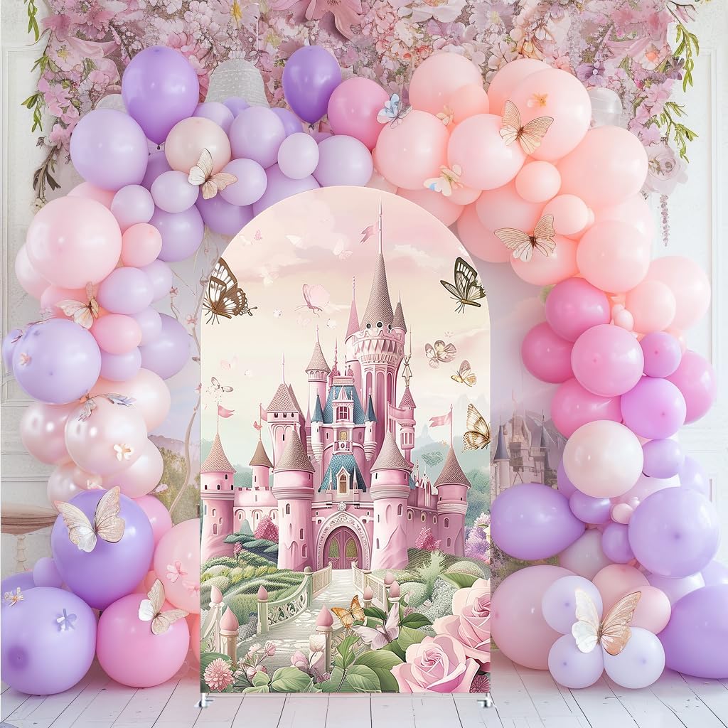 Pink Princess Castle Arched Backdrop Cover for Girls Birthday Party Floral Butterfly Arched Stand Covers Fantasy Fairy Tale Wonderland Theme Decorations