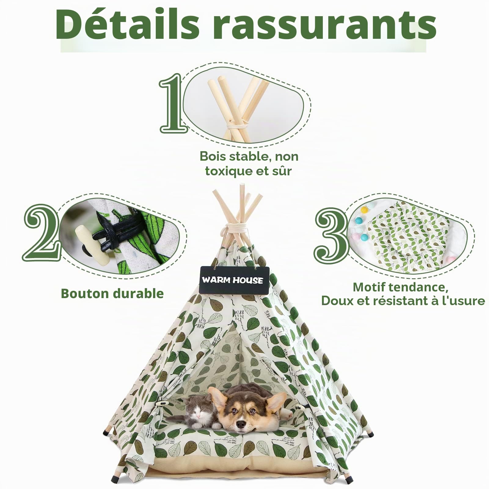 Tipi Chien Chat de Comgagnie avec Coussin,Tent Tipi de Luxe,Niche Chien et Chat Intérieur,Maisons pour Chat avec Petit Tableau Noir (Green Leaf)