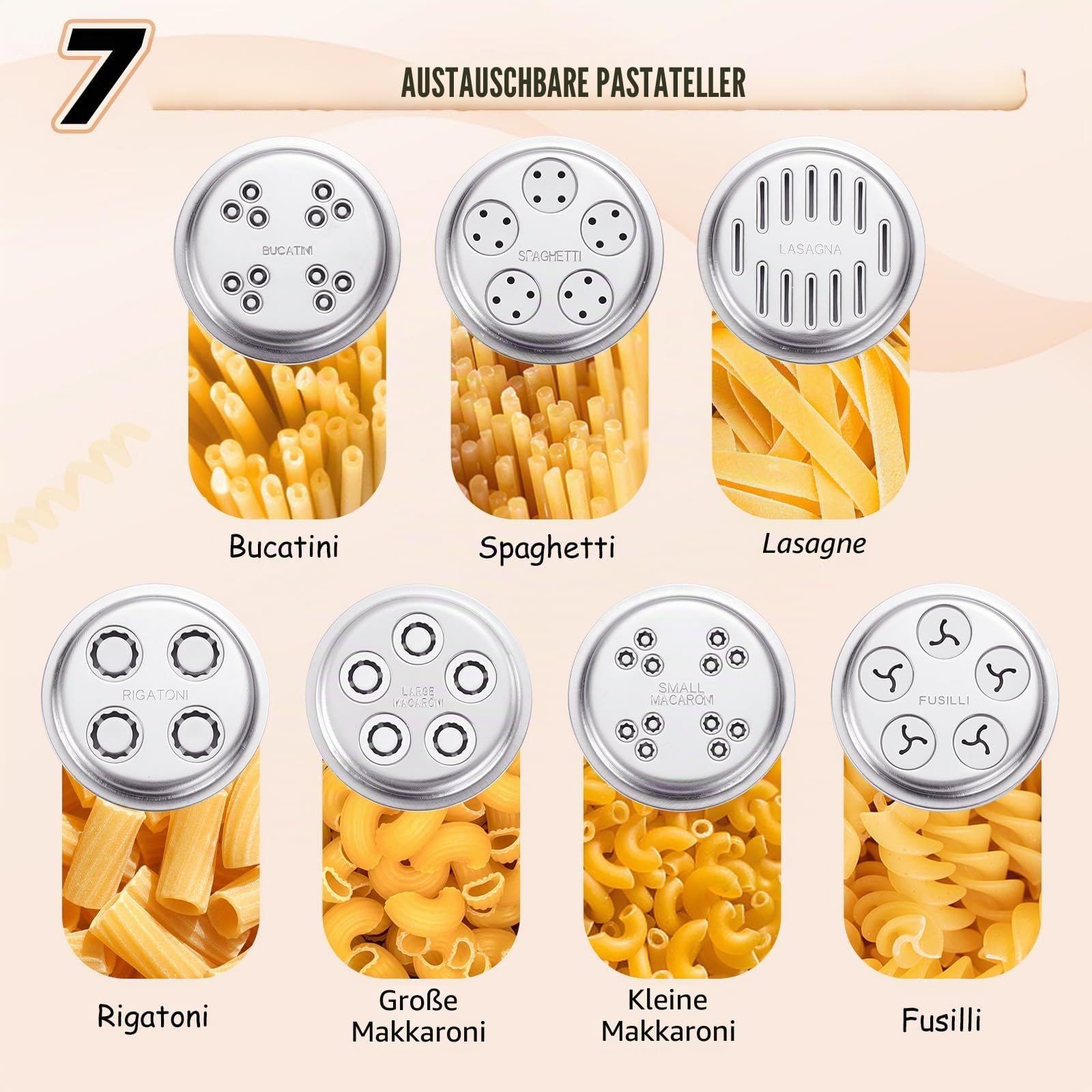 Gourmet Pasta Maker Aufsatz für KitchenAid Standmixer | 7 austauschbare Nudelplatten, für Spaghetti, Fusilli, Makkaroni, Bucatini und Rigatoni, Nudelpresse im neuen Buckle Design