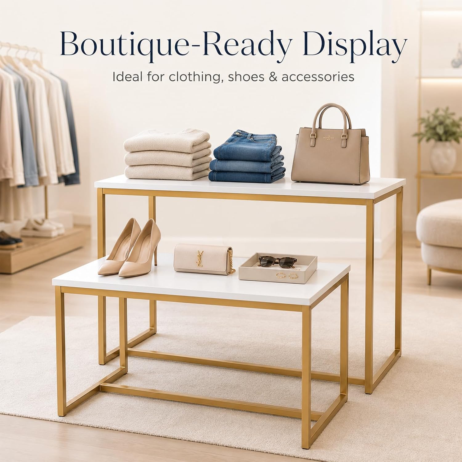 Set of 2 Nesting Rectangular Retail Display Tables with Gold Iron Frame and White Wood Board, Stacking Structure for Merchandise Exhibits, Weddings, and Party Decor