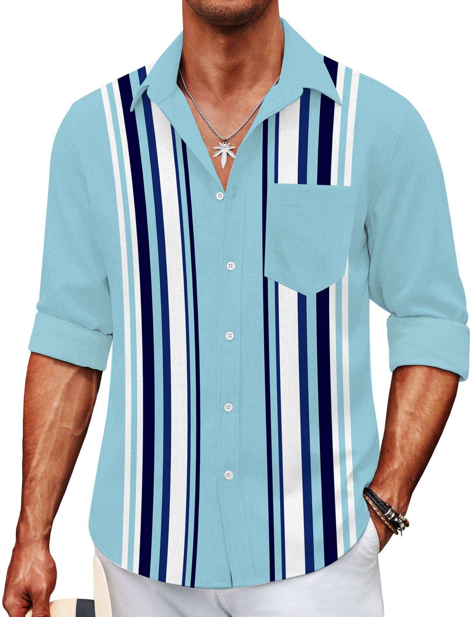 Men's Vintage Bowling Shirt Casual Long Sleeve Button Down Regular Fit Retro Shirt