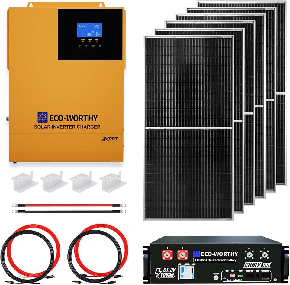 ECO-WORTHY 4.68KWH Complete Solar Panel Kit 1200W 48V with Lithium Battery and Inverter for Home: 6pcs 195W N-Type Bifacial Solar Panels + 1pc 48V 100Ah Li-Battery + 1pc 3500W Solar Inverter