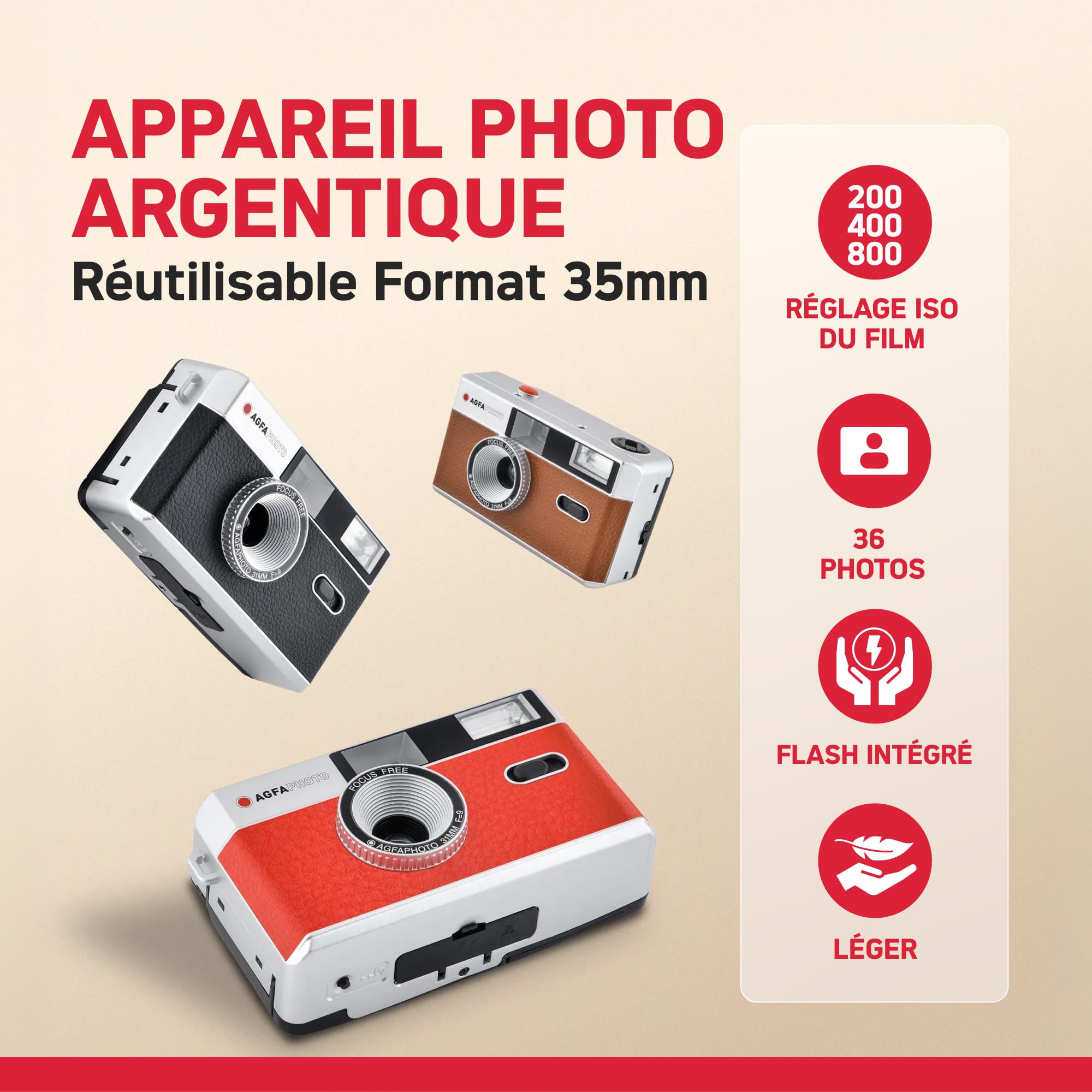 AGFAPHOTO - Appareil Photo Argentique 35mm – Objectif 31 mm F9, Flash Intégré, Mise au Point Fixe, Compatible Pellicules ISO 200/400/800 – Étui et Dragonne Inclus - Beige